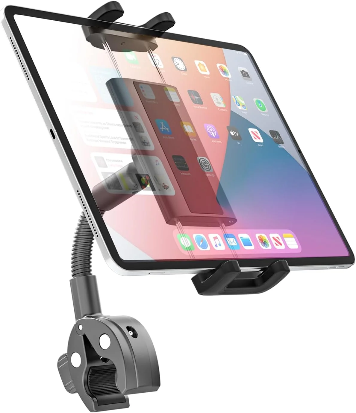 پایه تبلت گردنی فلزی Charchendo با سیلیکون ضد لغزش، نگهدارنده تبلت گیره ای جهانی برای دوچرخه ثابت، دوچرخه باشگاه، دستگاه الپتیکال و قایقرانی، مناسب برای تبلت های 4 تا 13 اینچی و بیشتر