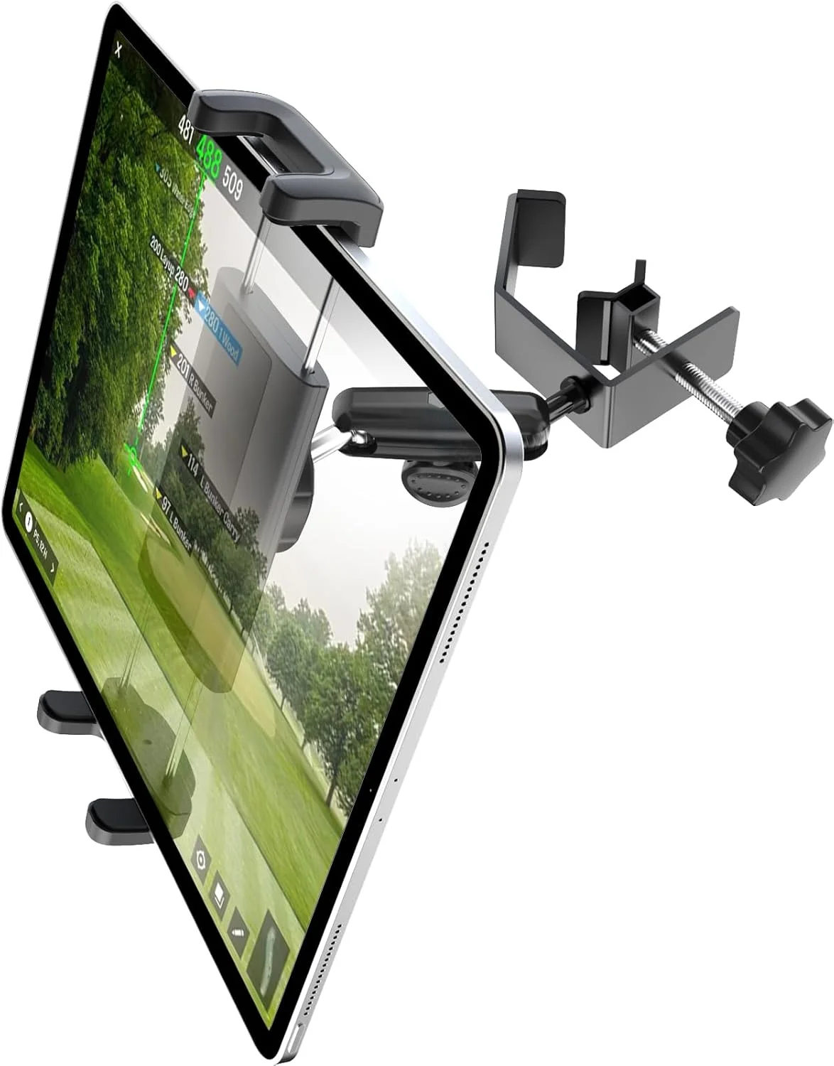 نگهدارنده تبلت گلف کارت آلیاژ آلومینیوم Charchendo با سر توپی فلزی دوتایی، گیره نگهدارنده تلفن گلف کارت با قابلیت تنظیم 360 درجه، مناسب برای آیپد پرو 12.9/Air/Mini، سوییچ، دستگاه های 4-12.9 اینچی