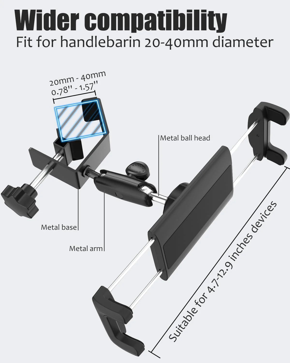 نگهدارنده تبلت گلف کارت آلیاژ آلومینیوم Charchendo با سر توپی فلزی دوتایی، گیره نگهدارنده تلفن گلف کارت با قابلیت تنظیم 360 درجه، مناسب برای آیپد پرو 12.9/Air/Mini، سوییچ، دستگاه های 4-12.9 اینچی