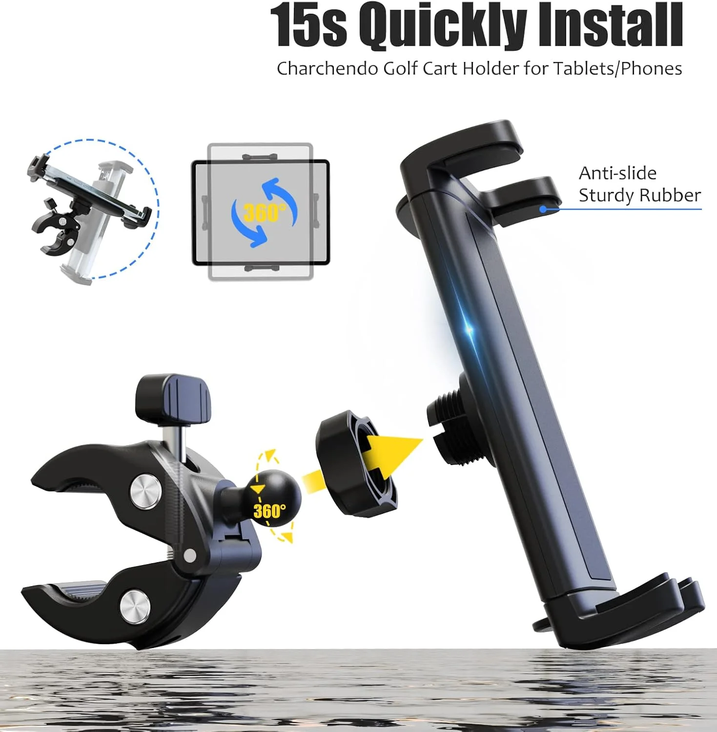 نگهدارنده تبلت و گوشی موبایل Charchendo برای گلف کارت، پایه نگهدارنده یونیورسال [2 در 1] با قابلیت ضد لرزش و چرخش 360 درجه، قابل تنظیم برای ویلچر و کالسکه، سازگار با آیپد پرو/ایر/مینی، تلفن های هوشمند و سایر دستگاه ها 4-13 اینچی