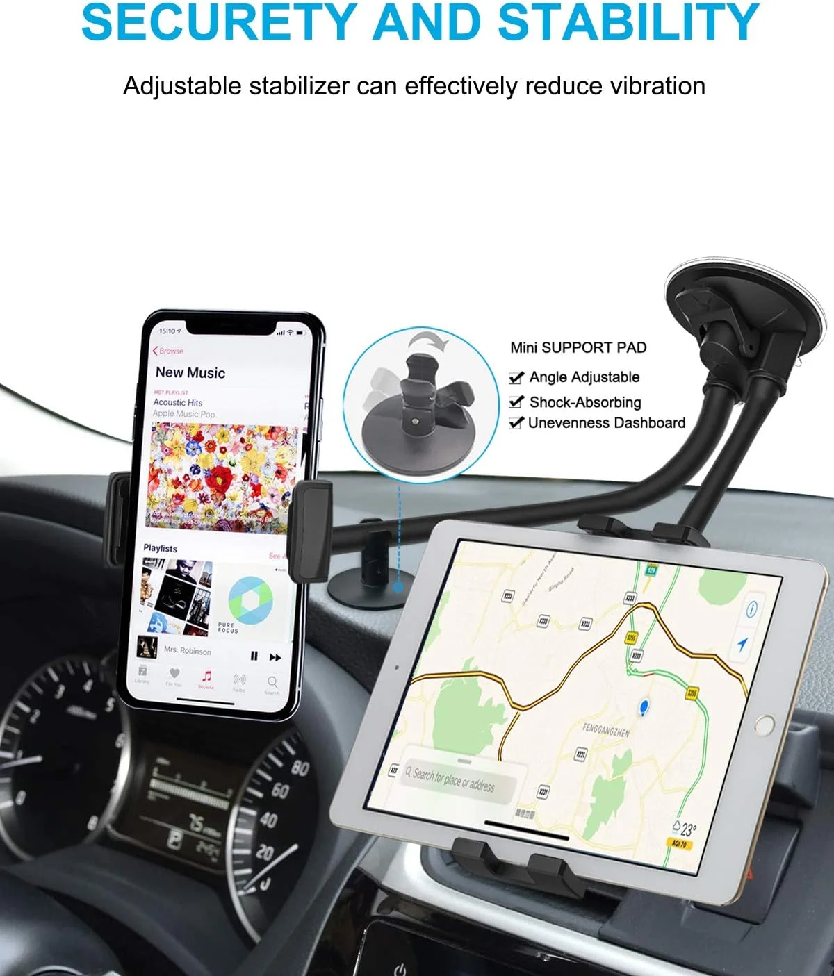 پایه تبلت دوگانه خودرو woleyi، نگهدارنده گوشی و تبلت شیشه جلو خودرو با بازوی بلند دوتایی و مکنده برای آیپد پرو/ایر/مینی، گلکسی تب/زد فولد، فایر اچ دی، آیفون، و سایر گوشی ها و تبلت های 4 تا 11 اینچی