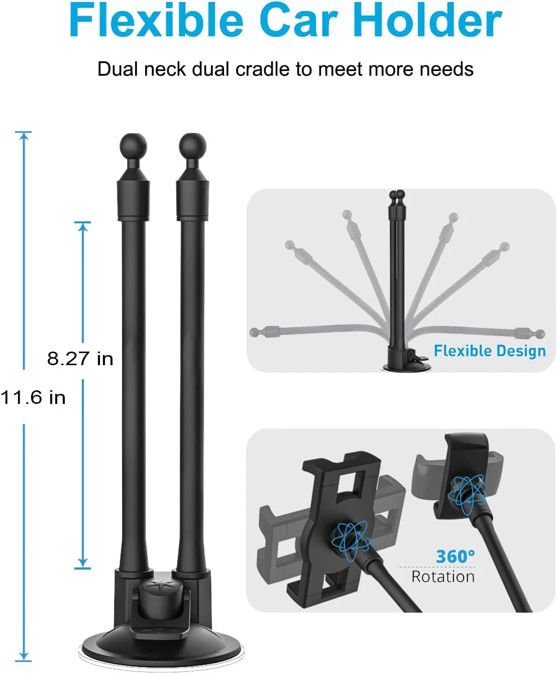 پایه تبلت دوگانه خودرو woleyi، نگهدارنده گوشی و تبلت شیشه جلو خودرو با بازوی بلند دوتایی و مکنده برای آیپد پرو/ایر/مینی، گلکسی تب/زد فولد، فایر اچ دی، آیفون، و سایر گوشی ها و تبلت های 4 تا 11 اینچی