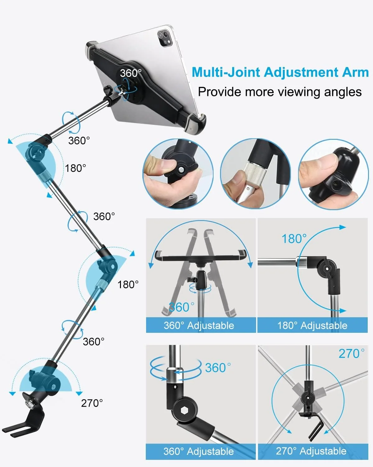 پایه نگهدارنده تبلت بزرگ ریلی صندلی خودرو و کامیون وولیی، پایه نگهدارنده تبلت پیچ و مهره ای کف خودرو با بازوی تاشو چرخان 360 درجه برای آیپد پرو 12.9/ایر، تبلت های گلکسی، سرفیس پرو/گو، کیندل فایر و تبلت های 9.5-14.5 اینچی