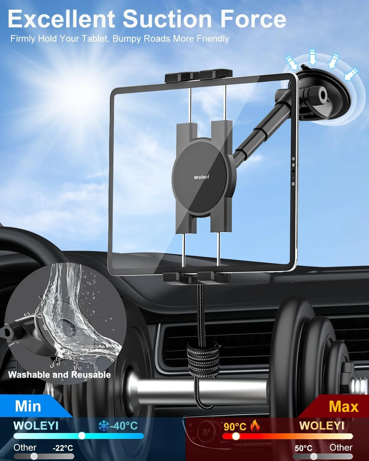 پایه تبلت داشبورد خودرو وولیی، نگهدارنده تبلت خودرو با مکنده لوله تلسکوپی، سازگار با آیپد پرو/ایر/مینی، گلکسی تب/زد فولد، فایر اچ دی، سرفیس، آیفون، و سایر تلفن های همراه و تبلت های 4.7-11 اینچی