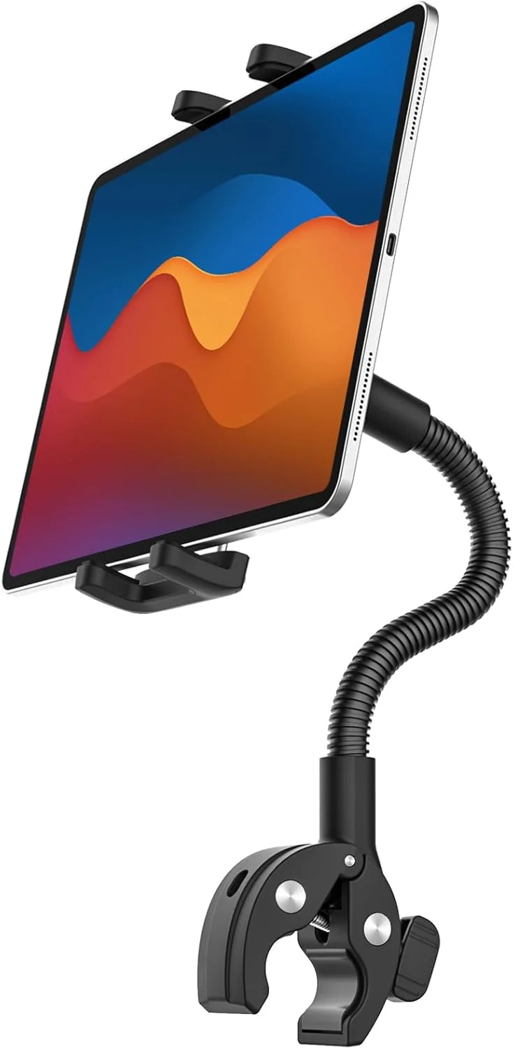 نگهدارنده تبلت برای ویلچر/کالسکه/دوچرخه ثابت/تردمیل/پایه میکروفون/قایق/گیره فرمان، پایه گردن غازی 360 درجه با بازوی قابل تنظیم برای آیپد پرو ایر مینی 4-13 اینچی، تلفن، گلکسی زد فولد، فایر اچ دی