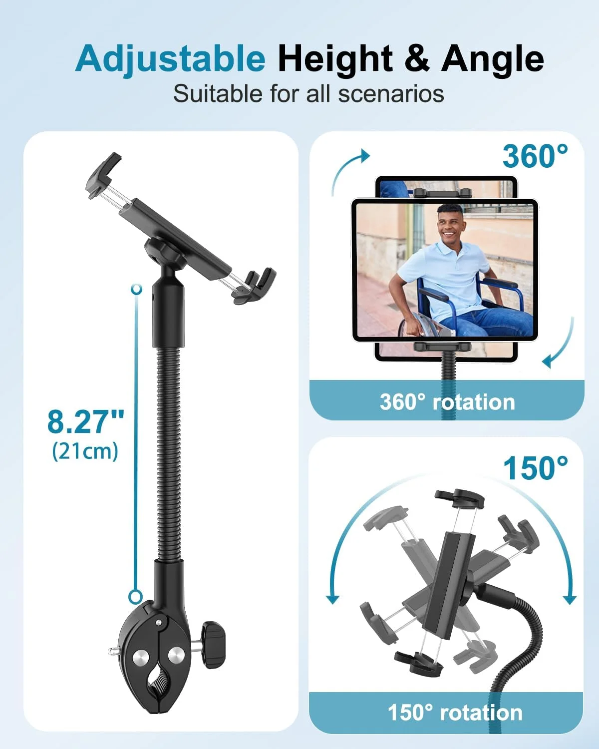 نگهدارنده تبلت برای ویلچر/کالسکه/دوچرخه ثابت/تردمیل/پایه میکروفون/قایق/گیره فرمان، پایه گردن غازی 360 درجه با بازوی قابل تنظیم برای آیپد پرو ایر مینی 4-13 اینچی، تلفن، گلکسی زد فولد، فایر اچ دی