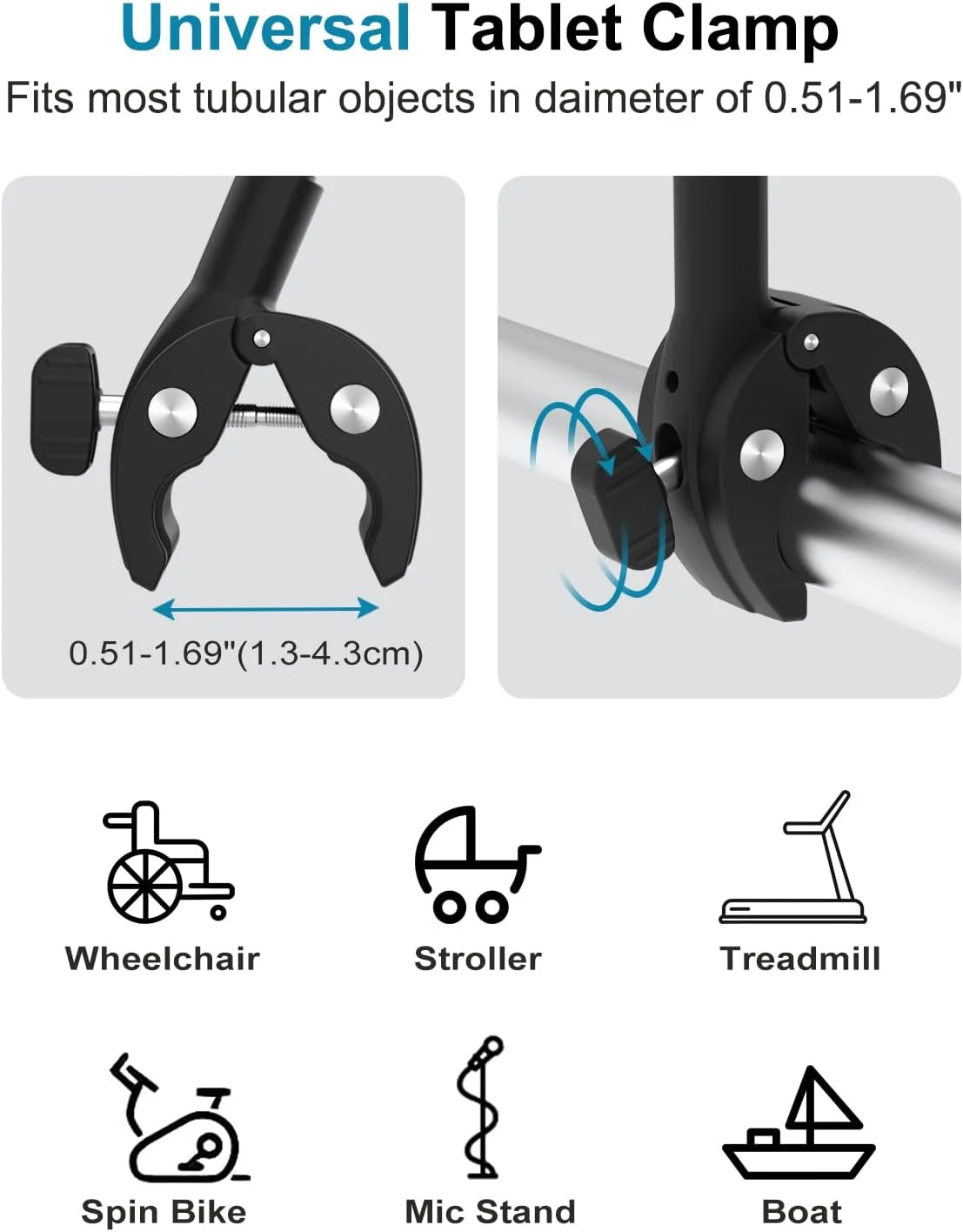 نگهدارنده تبلت برای ویلچر/کالسکه/دوچرخه ثابت/تردمیل/پایه میکروفون/قایق/گیره فرمان، پایه گردن غازی 360 درجه با بازوی قابل تنظیم برای آیپد پرو ایر مینی 4-13 اینچی، تلفن، گلکسی زد فولد، فایر اچ دی