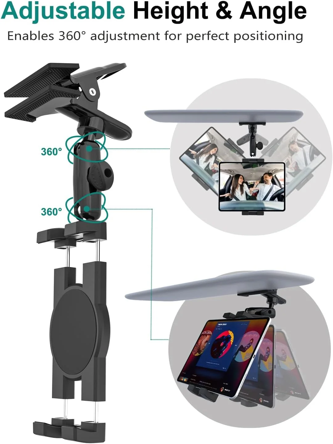 نگهدارنده تبلت آفتابگیر خودرو، گیره تلفن آفتابگیر با بازوی فلزی، گیره تبلت خودرو با قابلیت تنظیم 360 درجه با پیچ 1/4 اینچی برای آیپد پرو ایر مینی، تلفن، گلکسی زد فولد، فایر اچ دی، دوربین 4-13 اینچی