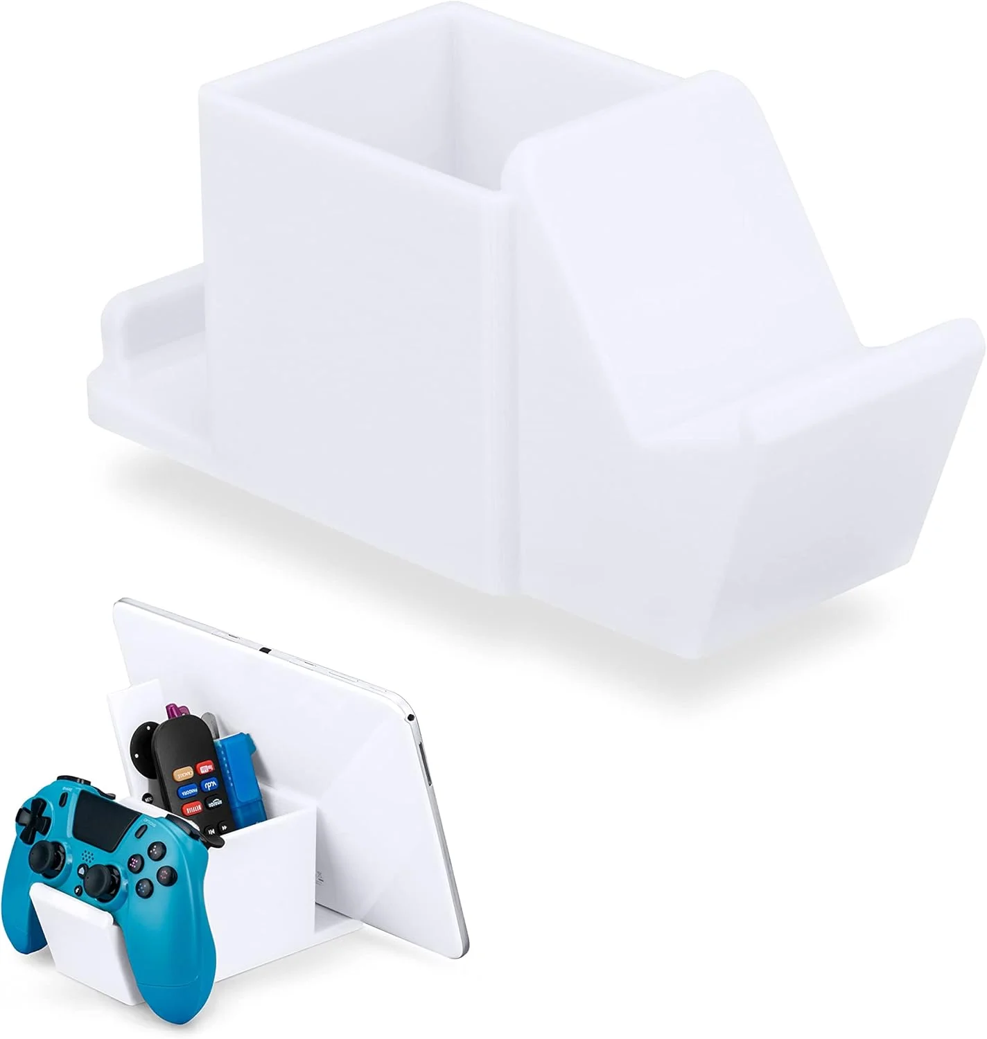 نگهدارنده لوازم رومیزی BRAINWAVZ با جایگاه دسته بازی، استند تبلت برای آیپد/آیفون، محل نگهداری کنترل تلویزیون و قلم، کاهش دهنده بهم ریختگی میز، تمام وسایل میز کناری خود را در یک فضا داشته باشید (سفید)