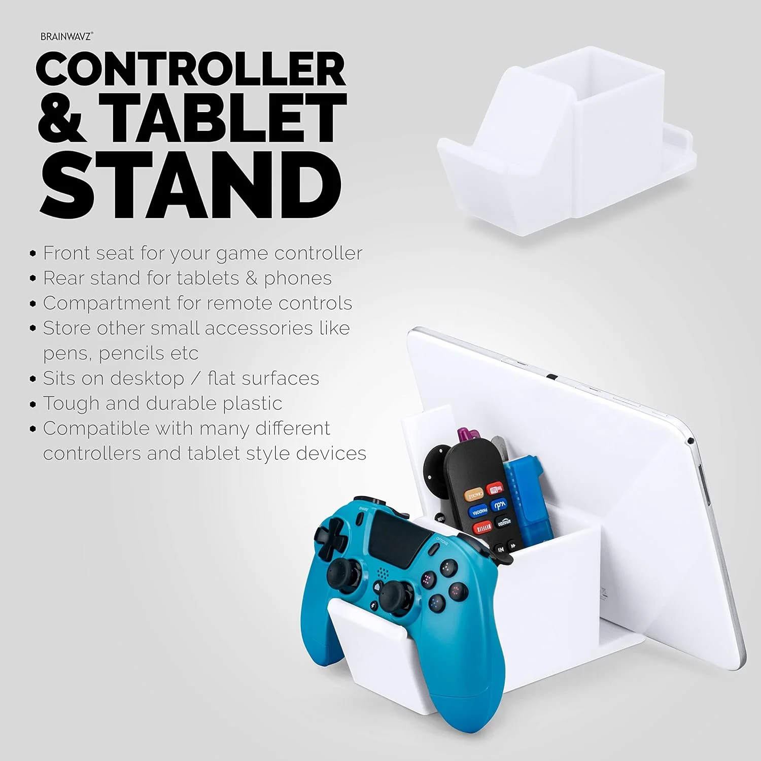 نگهدارنده لوازم رومیزی BRAINWAVZ با جایگاه دسته بازی، استند تبلت برای آیپد/آیفون، محل نگهداری کنترل تلویزیون و قلم، کاهش دهنده بهم ریختگی میز، تمام وسایل میز کناری خود را در یک فضا داشته باشید (سفید)