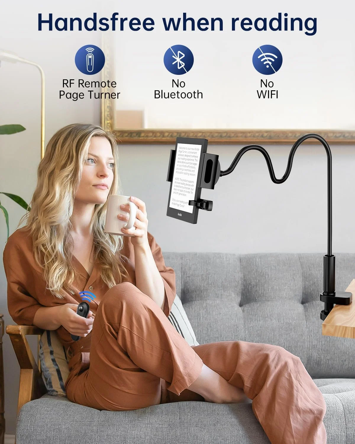 نگهدارنده کیندل با ریموت ورق زن | پایه بدون دخالت دست برای مطالعه در تخت یا میز - سازگار با کیندل پیپروایت، اواسیس، آیپد، آیفون و غیره | مناسب برای دستگاه ها از 4.5 اینچ تا 10 اینچ