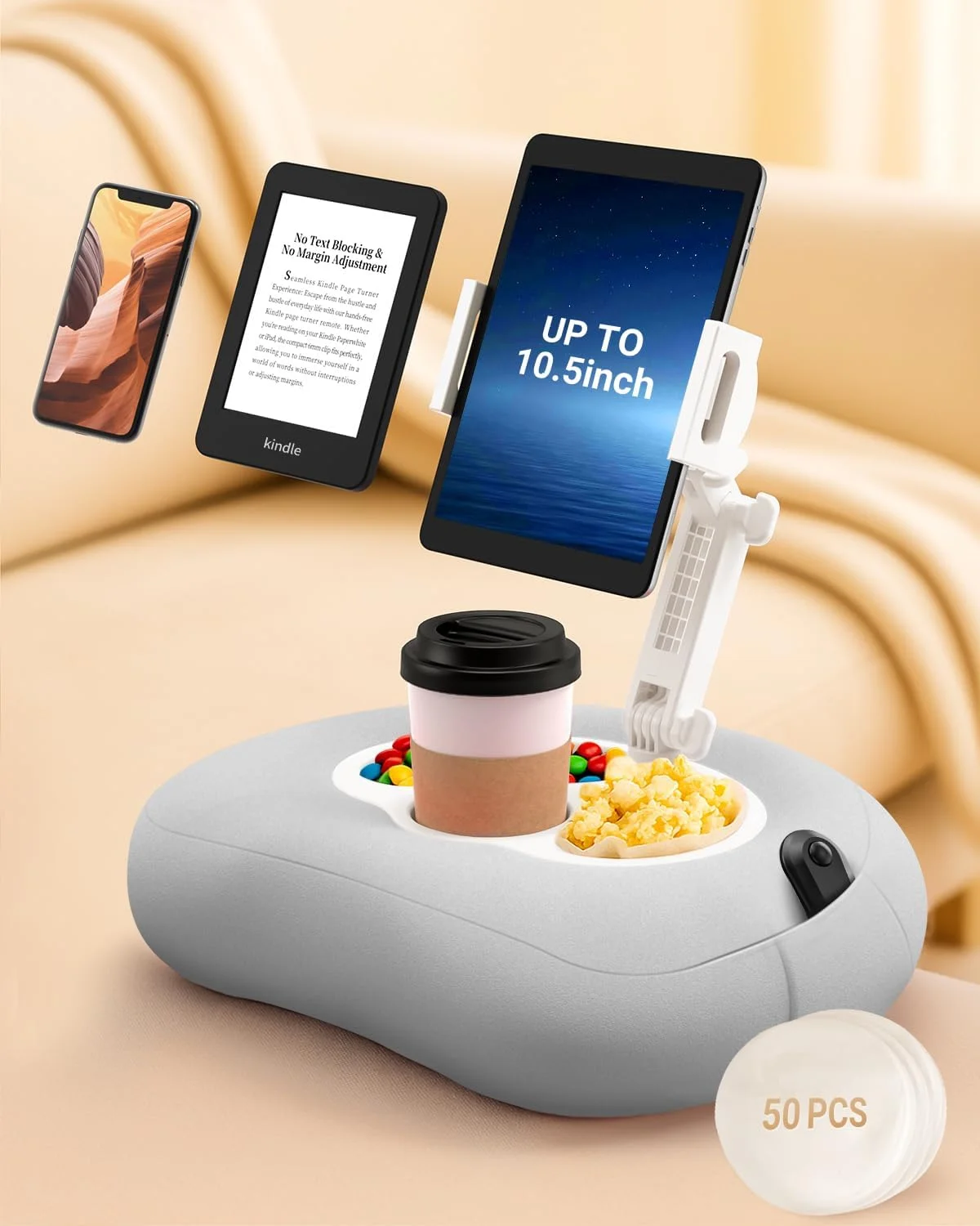 پایه نگهدارنده بالشتی تبلت و موبایل برای تخت، قابل تنظیم برای آیپد، کیندل، مبل - دارای جای خوراکی و نوشیدنی، 50 لایه یکبار مصرف و روکش بالشتی قابل شستشو (خاکستری) پایه نگهدارنده بالشتی تبلت و موبایل برای تخت، قابل تنظیم برای آیپد، کیندل، مبل - دارای جای خوراکی و نوشیدنی، 50 لایه یکبار مصرف و روکش بالشتی قابل شستشو (خاکستری)