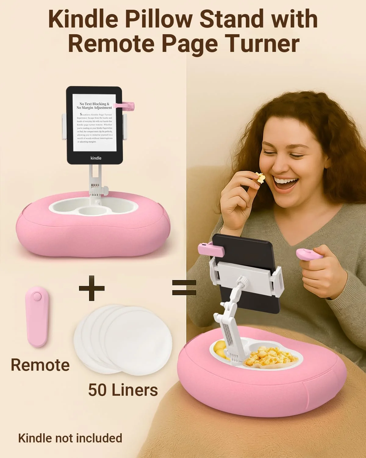 پایه بالشتی کیندل به همراه بسته دکمه ورق زن از راه دور، نگهدارنده و پایه کیندل برای تخت، گیره 6 میلی‌متری بدون پوشاندن متن، فوق‌العاده بی‌صدا، روکش قابل شستشو، 2 کاسه تنقلات + 50 آستر، مناسب برای سایز 4 تا 10.5 اینچ