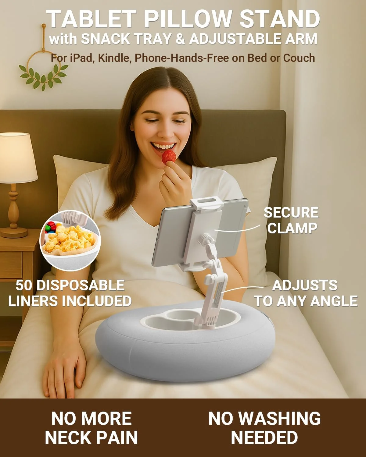 پایه نگهدارنده بالشتی تبلت و موبایل برای تخت، قابل تنظیم برای آیپد، کیندل، مبل - دارای جای خوراکی و نوشیدنی، 50 لایه یکبار مصرف و روکش بالشتی قابل شستشو (خاکستری)