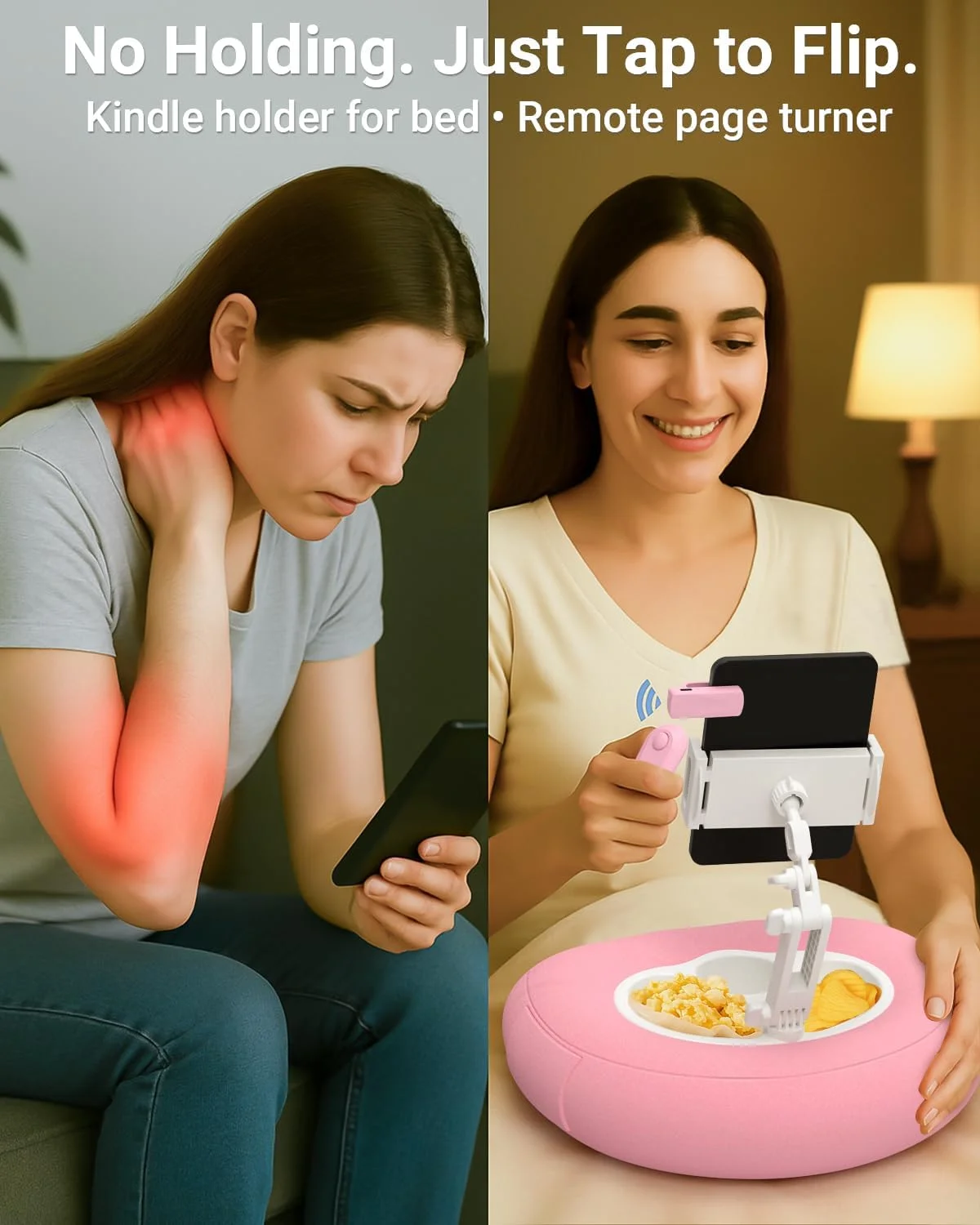 پایه بالشتی کیندل به همراه بسته دکمه ورق زن از راه دور، نگهدارنده و پایه کیندل برای تخت، گیره 6 میلی‌متری بدون پوشاندن متن، فوق‌العاده بی‌صدا، روکش قابل شستشو، 2 کاسه تنقلات + 50 آستر، مناسب برای سایز 4 تا 10.5 اینچ