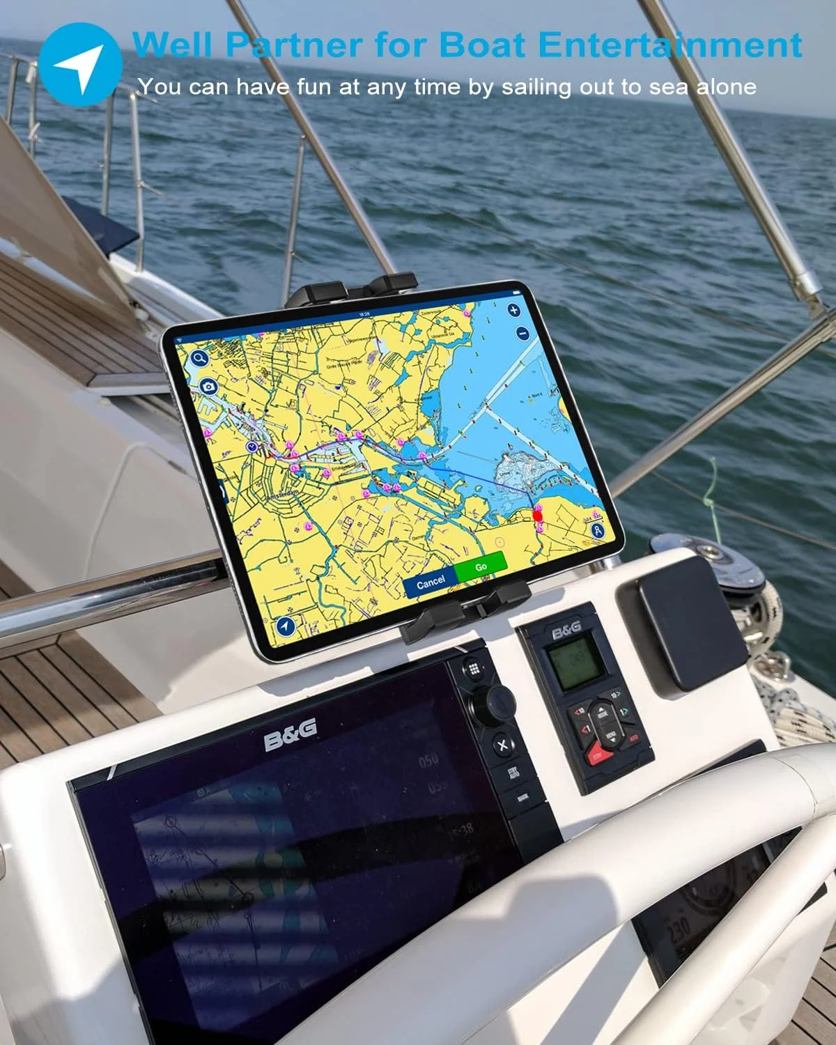 نگهدارنده تبلت فرمان قایق، نگهدارنده گوشی و تبلت میله ای دریایی، گیره میله ای دسته قایق با چرخش 360 درجه برای آیپد پرو 12.9 ایر مینی، تبلت های گلکسی، آیفون و تلفن های همراه و تبلت های 4-13 اینچی