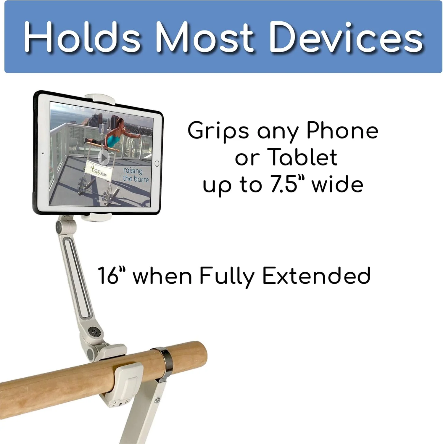 نگهدارنده تبلت با گیره گرد، قابل نصب روی میله های 3.17 تا 4.44 سانتی متری | فلز محکم، پایه پایدار | تنظیم آسان و ایمن | سازگار با آیپد مینی/اکثر تلفن ها/تبلت های کوچک