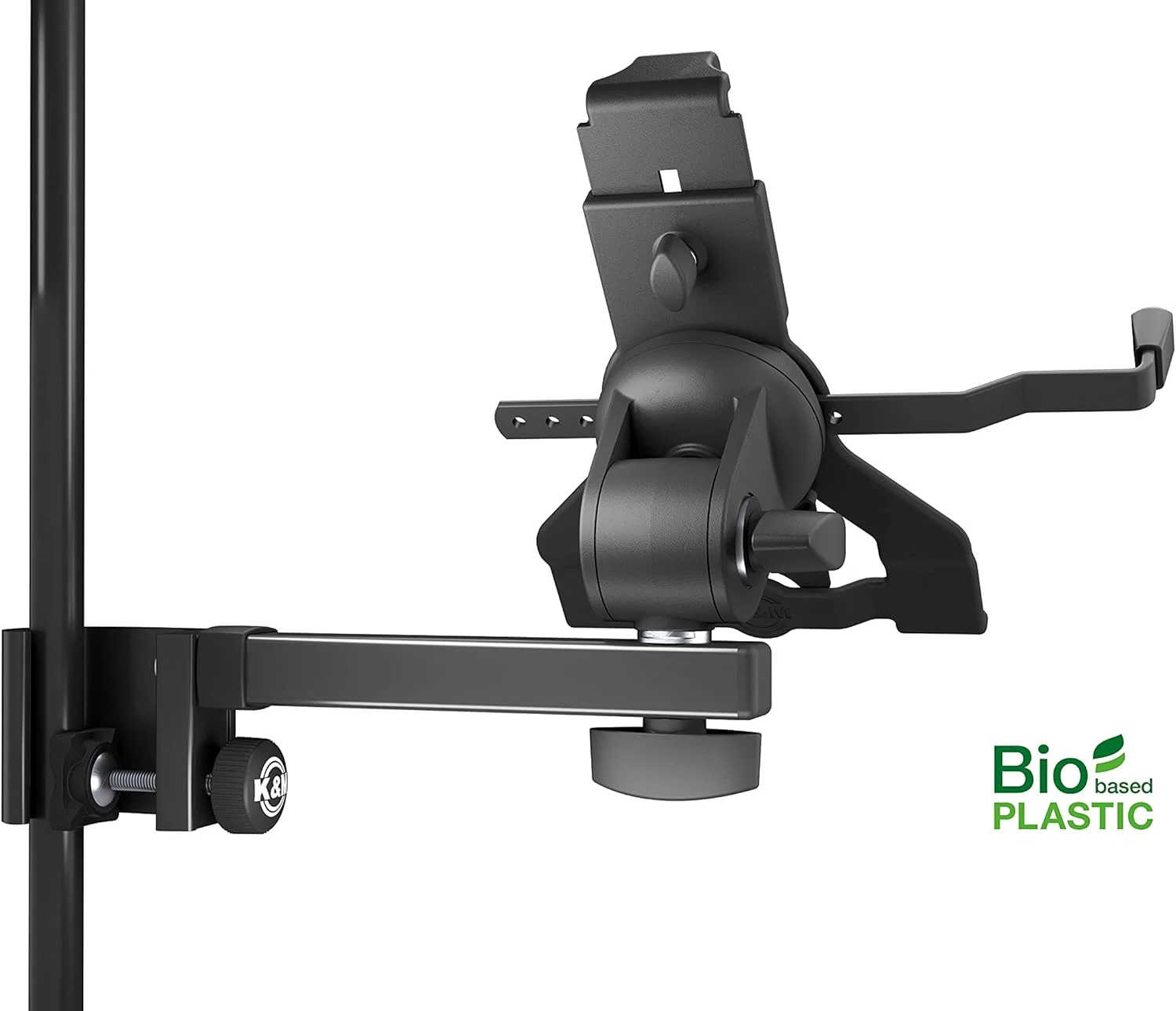 نگهدارنده تبلت K&M König & Meyer 19743 ساخته شده از پلاستیک زیستی، مناسب برای پایه میکروفون با قابلیت تنظیم زاویه، سازگار با برندهای رایج