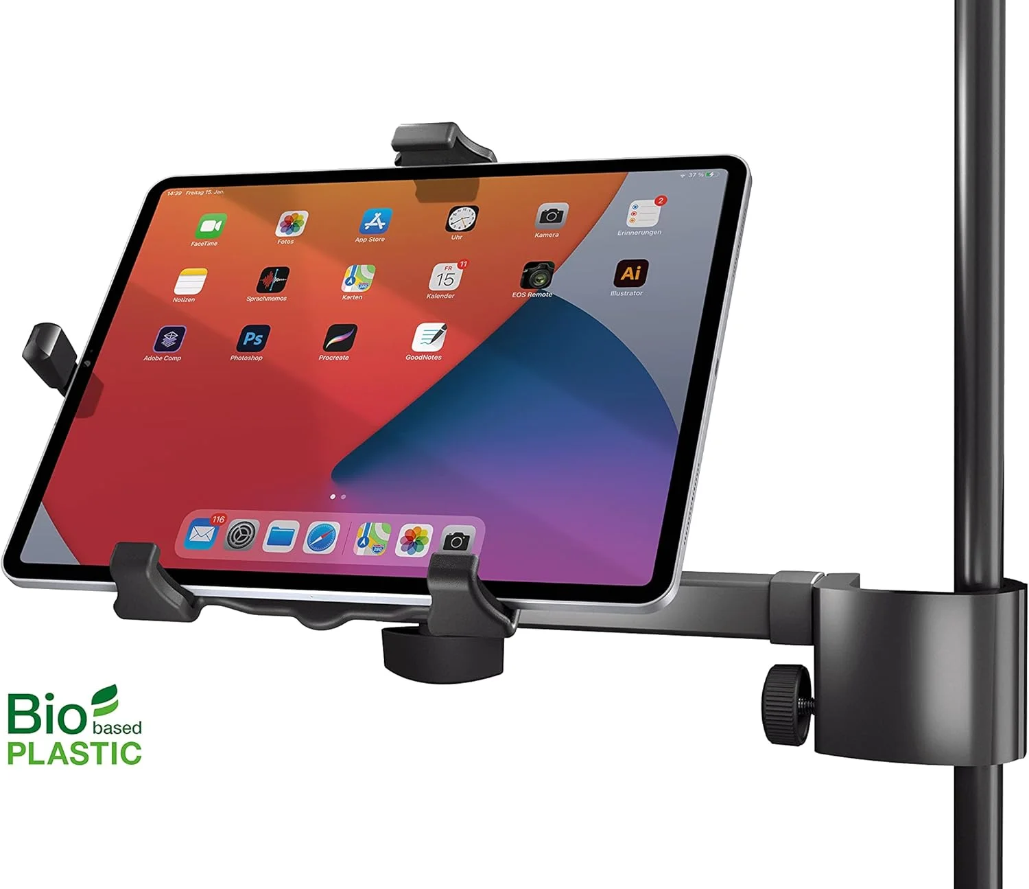 نگهدارنده تبلت K&M König & Meyer 19743 ساخته شده از پلاستیک زیستی، مناسب برای پایه میکروفون با قابلیت تنظیم زاویه، سازگار با برندهای رایج