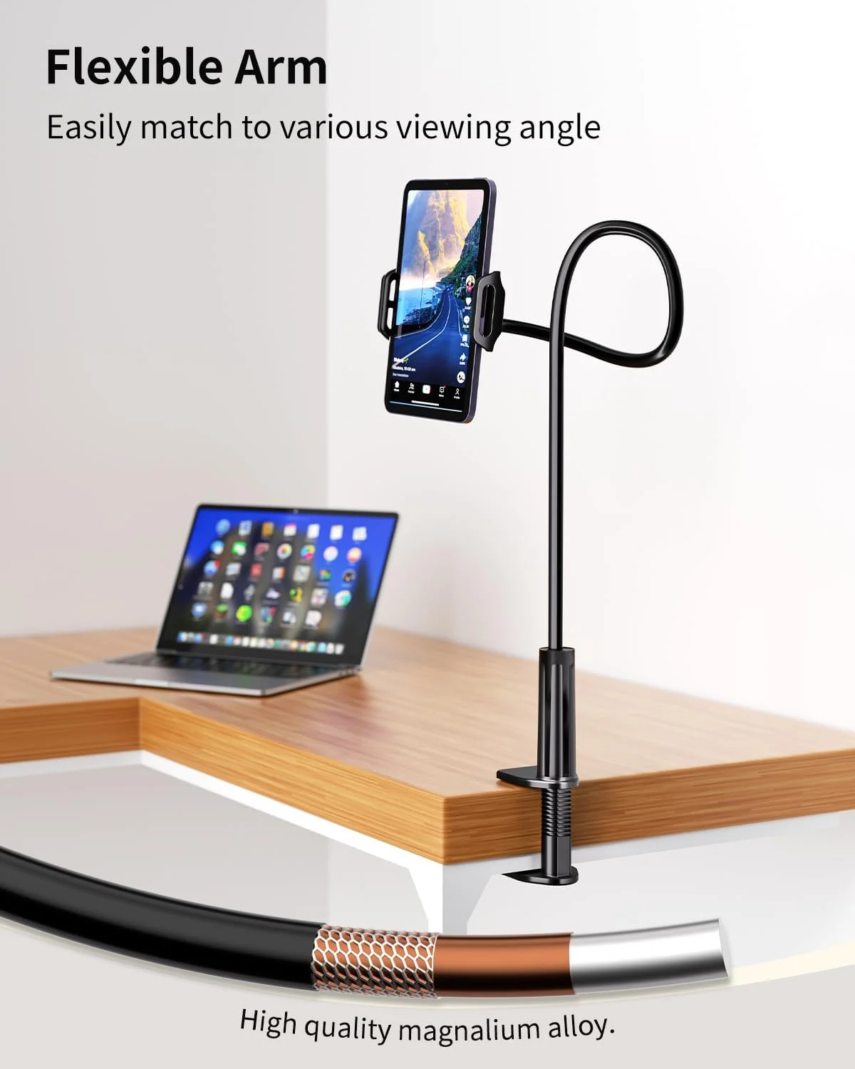 پایه نگهدارنده گوشی موبایل گردن غازی، پایه بازوی بلند انعطاف پذیر برای میز، گیره پایه نگهدارنده جهانی برای تخت، سازگار با آیفون 16 پرو مکس 15 14 پلاس و سایر گوشی های موبایل 4.0-6.5 اینچی