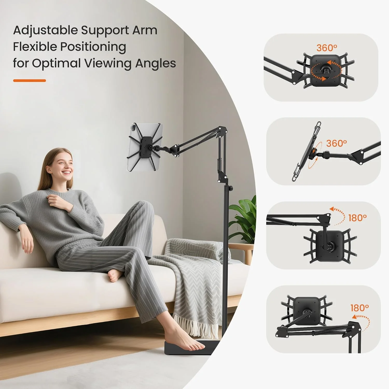 پایه نگهدارنده تبلت BIGASUO، هولدر فلزی تبلت یونیورسال، پایه قابل تنظیم ارتفاع و زاویه نصب بالای تخت، هولدر چرخشی 360 درجه برای آیپد، کیندل، تب، تلفن، کتابخوان الکترونیکی (7-12.9 اینچ)