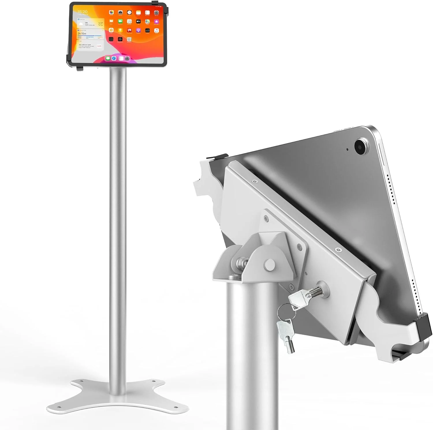 پایه نگهدارنده تبلت یونیورسال، گیره مورب، سازگار با آیپد 9.7 تا 12.9 اینچ، ساختار فلزی بادوام، ضد سرقت، چرخش 145 درجه، دید 360 درجه، دسترسی آسان