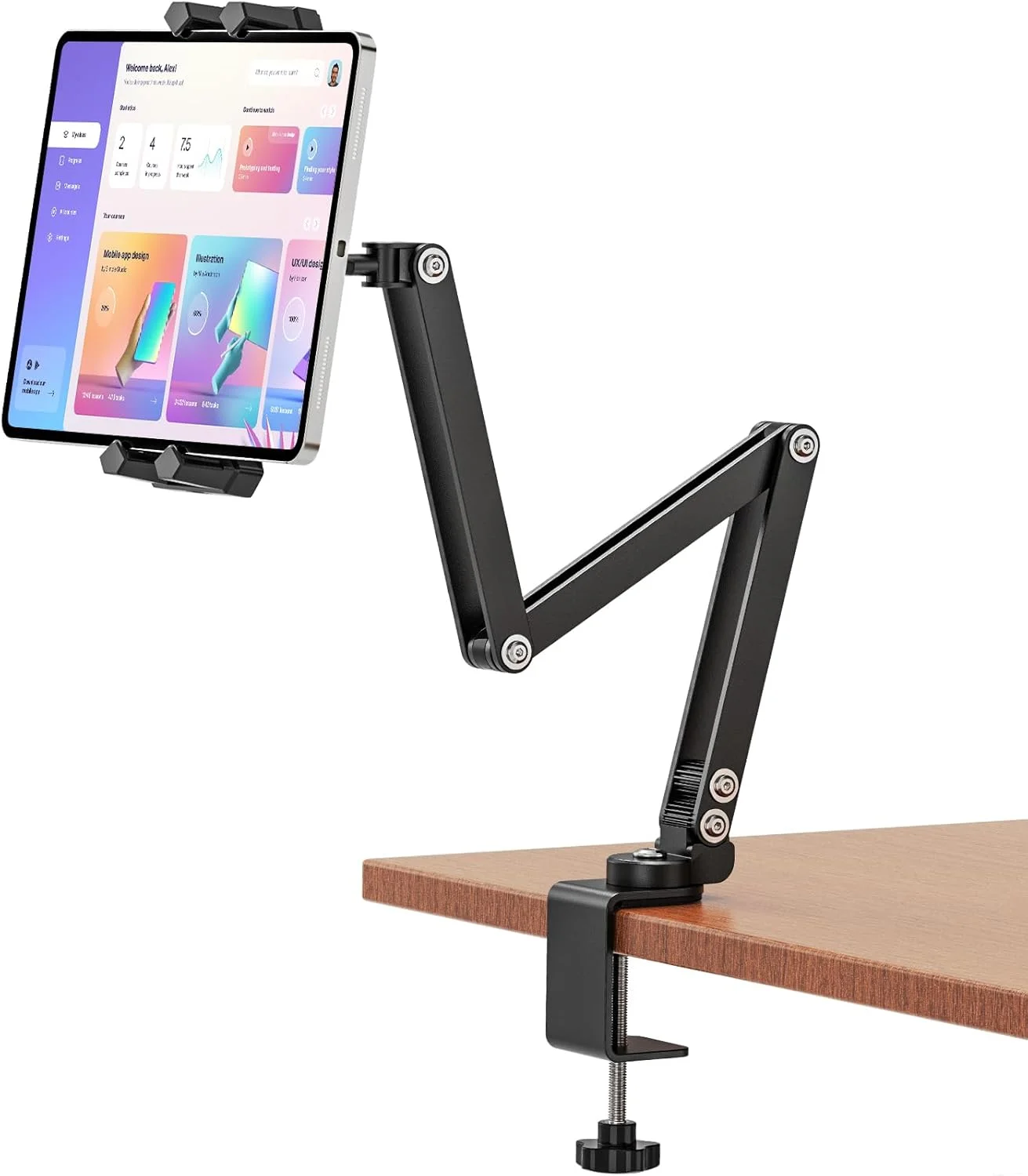 پایه نگهدارنده تبلت رومیزی، چرخش 360 درجه با بازوهای فلزی قابل تنظیم - پایه تاشو و محکم تخت برای آیپد پرو/ایر/مینی (4.7-13.5 اینچ)، سازگار با آیپد، گلکسی و دستگاه های اندرویدی