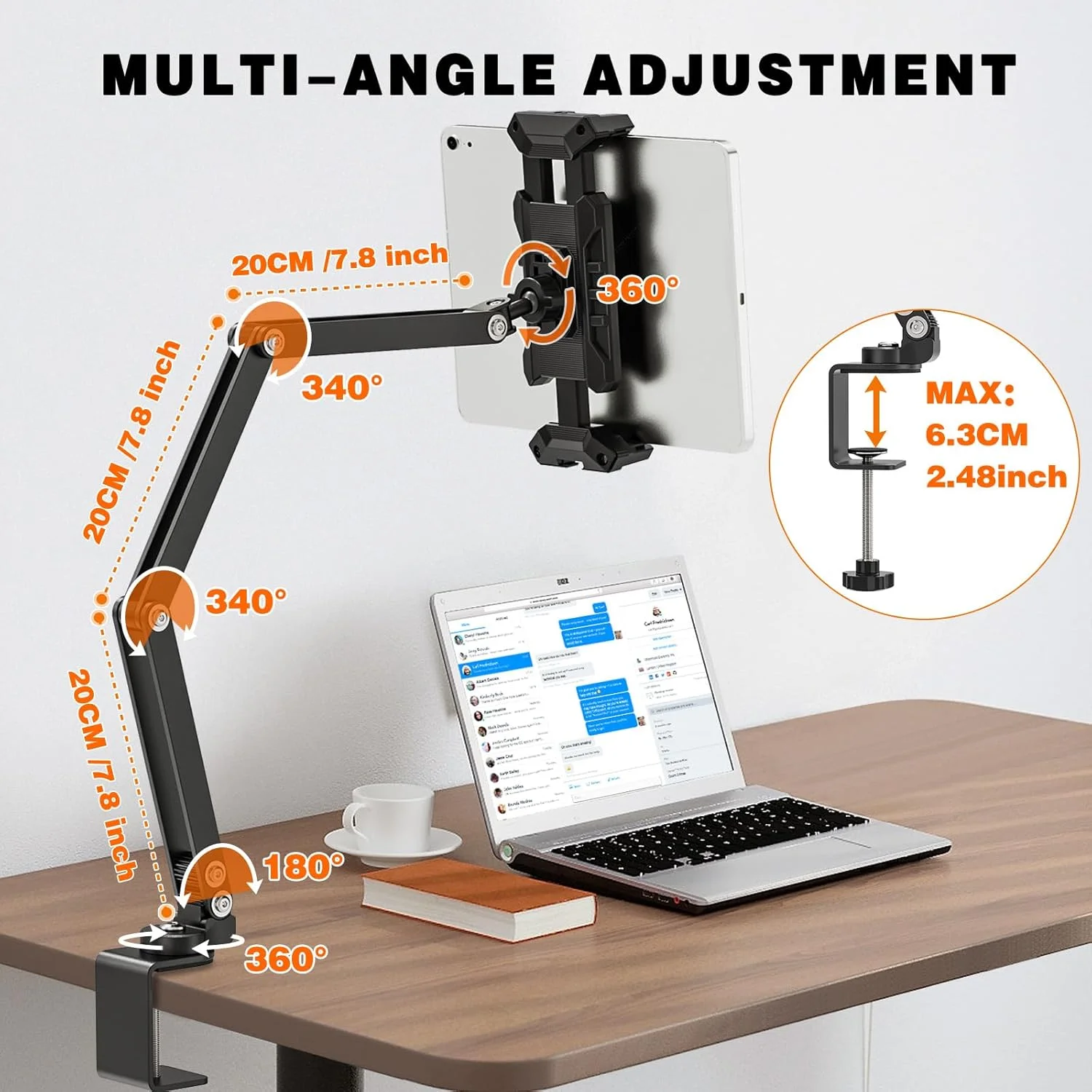 پایه نگهدارنده تبلت رومیزی، چرخش 360 درجه با بازوهای فلزی قابل تنظیم - پایه تاشو و محکم تخت برای آیپد پرو/ایر/مینی (4.7-13.5 اینچ)، سازگار با آیپد، گلکسی و دستگاه های اندرویدی پایه نگهدارنده تبلت رومیزی، چرخش 360 درجه با بازوهای فلزی قابل تنظیم - پایه تاشو و محکم تخت برای آیپد پرو/ایر/مینی (4.7-13.5 اینچ)، سازگار با آیپد، گلکسی و دستگاه های اندرویدی