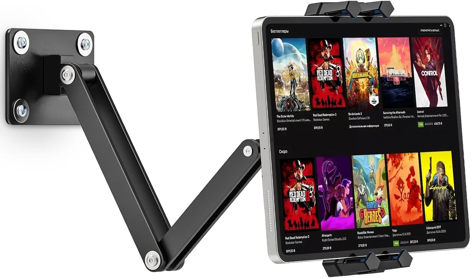 پایه دیواری تبلت، استند آلومینیومی قابل تنظیم و چرخش 360 درجه برای آیپد پرو، ایر، مینی، گلکسی تب و تمام تبلت های 4.7 تا 13.5 اینچی - ایده آل برای خانه، دفتر، آشپزخانه و موارد دیگر