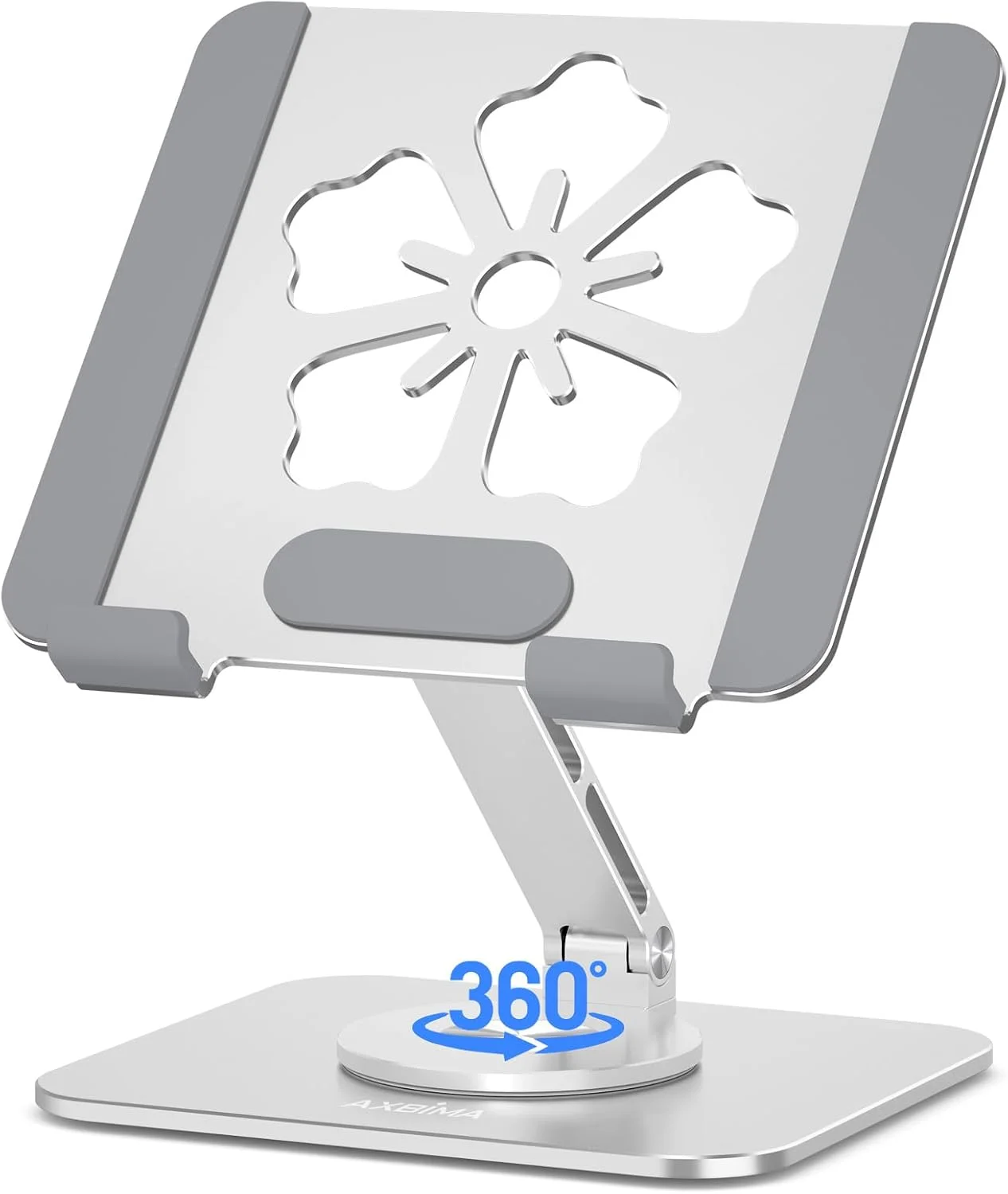 پایه تبلت چرخان 360 درجه آلومینیومی تاشو - پایه رومیزی قابل تنظیم | مناسب برای آیپد پرو 12.9/11، سامسونگ گلکسی تب - قابل حمل برای خانه، دفتر و مسافرت، نقره ای