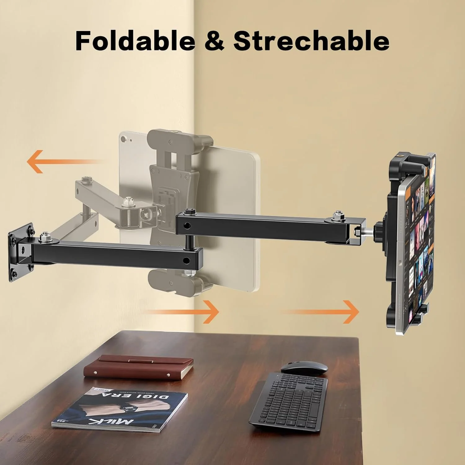 پایه دیواری تبلت تاشو، پایه فلزی مستحکم، استند نگهدارنده تبلت با چرخش 360 درجه با بازوی قابل افزایش 2 مرحله ای، براکت نگهدارنده دیواری آشپزخانه برای همه تبلت های 4.7-12.9 اینچی پایه دیواری تبلت تاشو، پایه فلزی مستحکم، استند نگهدارنده تبلت با چرخش 360 درجه با بازوی قابل افزایش 2 مرحله ای، براکت نگهدارنده دیواری آشپزخانه برای همه تبلت های 4.7-12.9 اینچی