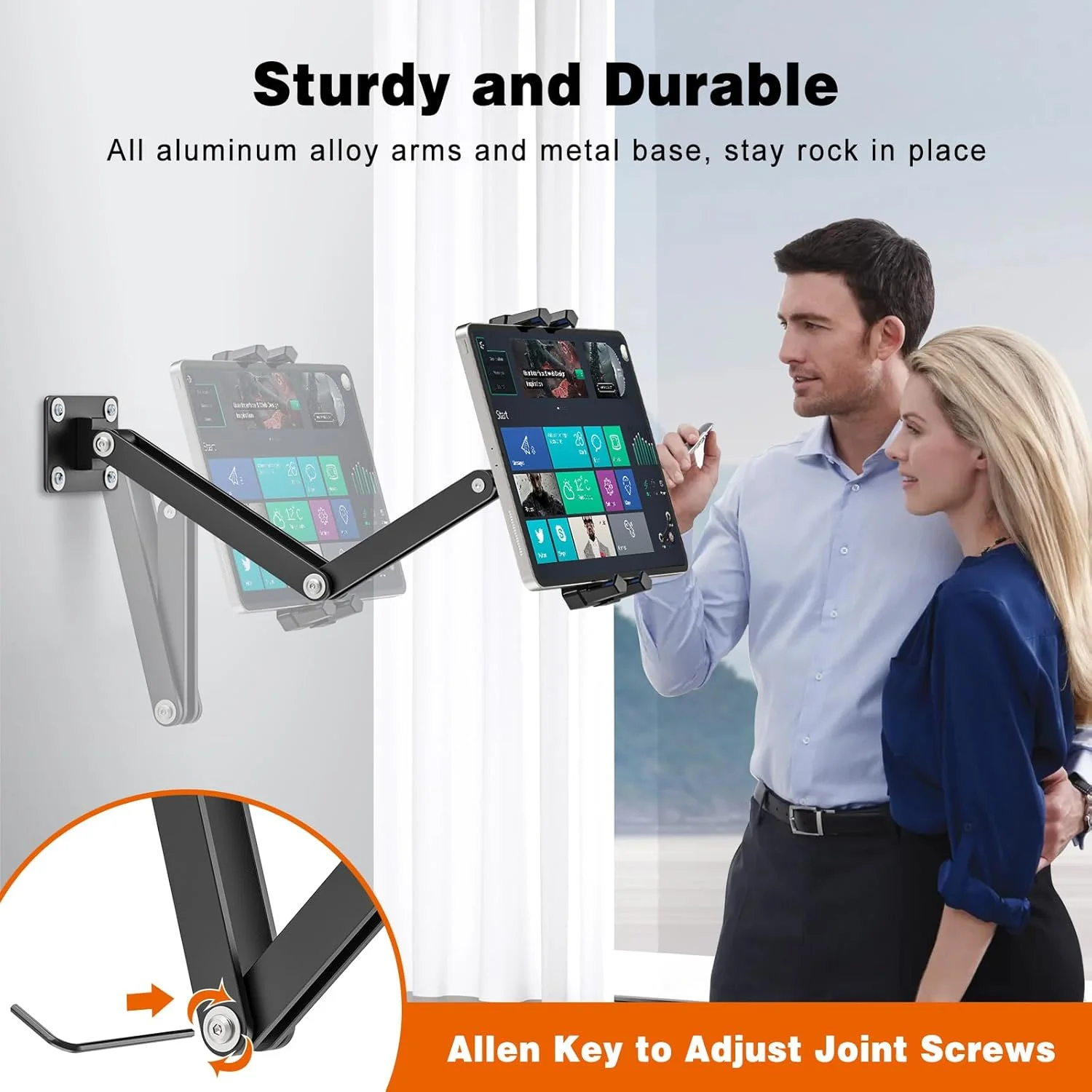 پایه دیواری تبلت، استند آلومینیومی قابل تنظیم و چرخش 360 درجه برای آیپد پرو، ایر، مینی، گلکسی تب و تمام تبلت های 4.7 تا 13.5 اینچی - ایده آل برای خانه، دفتر، آشپزخانه و موارد دیگر پایه دیواری تبلت، استند آلومینیومی قابل تنظیم و چرخش 360 درجه برای آیپد پرو، ایر، مینی، گلکسی تب و تمام تبلت های 4.7 تا 13.5 اینچی - ایده آل برای خانه، دفتر، آشپزخانه و موارد دیگر