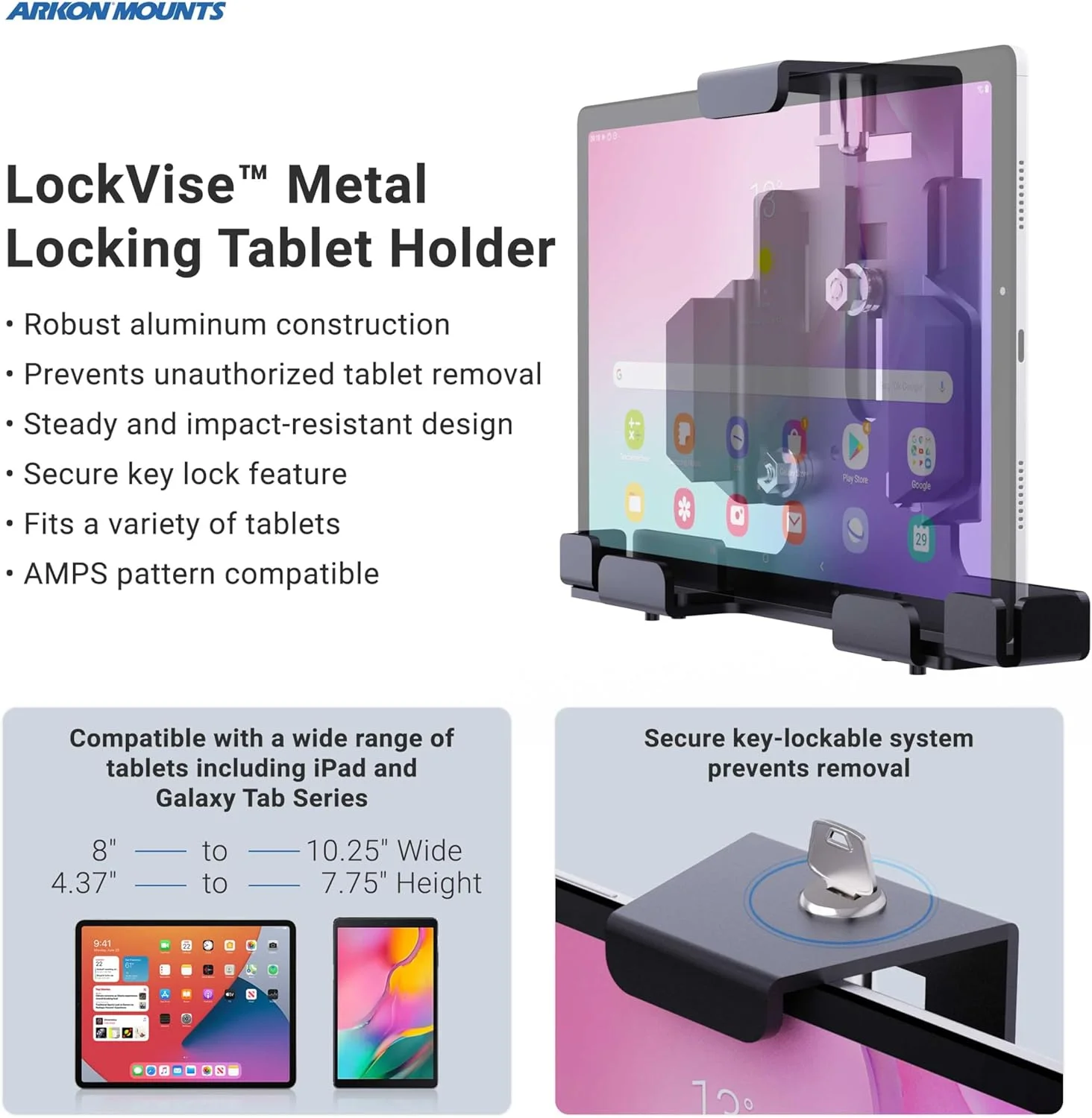 ARKON Mounts LockVise Metal Locking Forklift Tablet Mount | Durable Mounting Plate | Adjustable 8.5" Metal Shaft | Tablet Holder Fits iPad, Samsung, Google, Tab and more