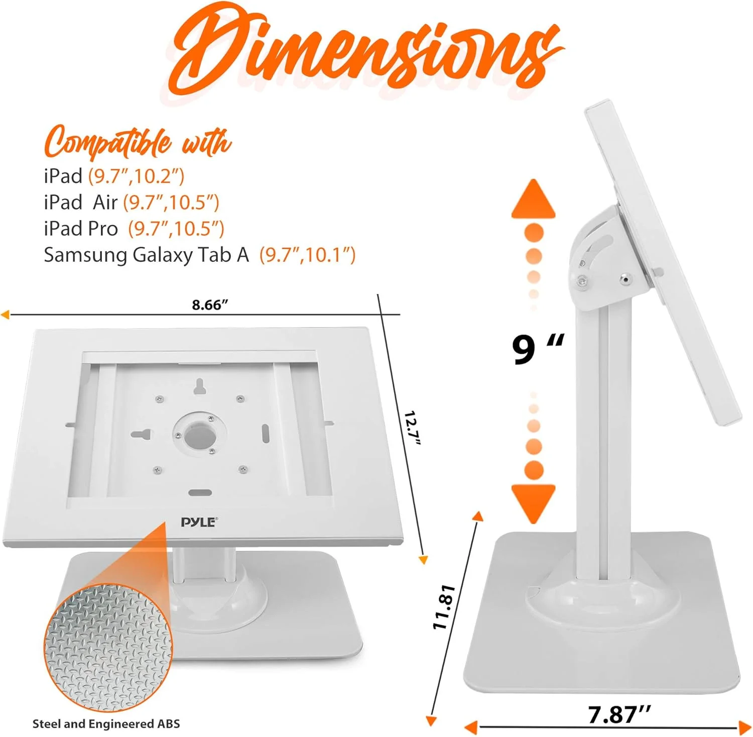 پایه امنیتی تبلت ضد سرقت Pyle - پایه رومیزی با قفل و کلید، چرخش 90 درجه و شیب 75 درجه - مناسب برای آیپد، آیپد ایر، پرو، سامسونگ گلکسی تب A (2023) - مدل PSPADLK18، سفید