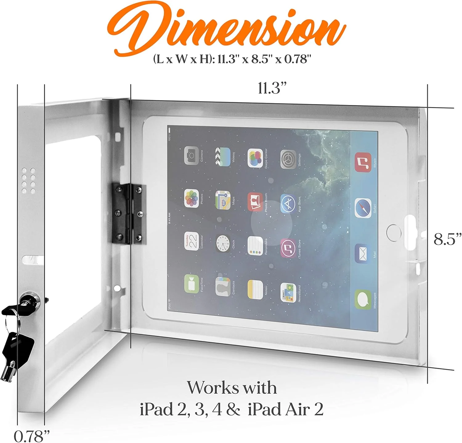 محفظه امنیتی ضد سرقت تبلت پایل - پایه دیواری فلزی سنگین وظیفه 11 اینچی Vesa کیوسک تبلت با قفل و کلید، نصب افقی و عمودی، برای تبلت های iPad 2، 3، 4، Air، Air 2 - PSPADLKW08W