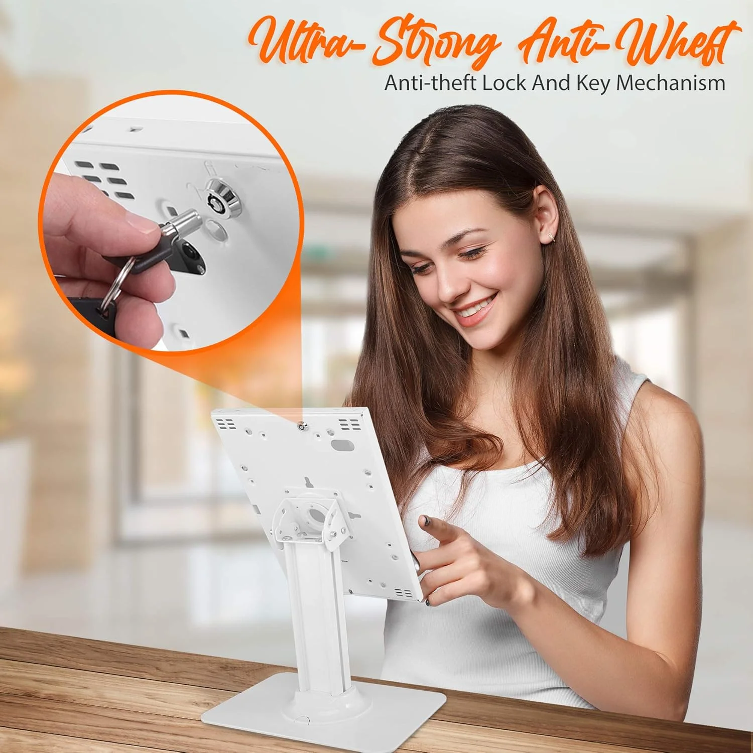 پایه امنیتی تبلت ضد سرقت Pyle - پایه رومیزی با قفل و کلید، چرخش 90 درجه و شیب 75 درجه - مناسب برای آیپد، آیپد ایر، پرو، سامسونگ گلکسی تب A (2023) - مدل PSPADLK18، سفید