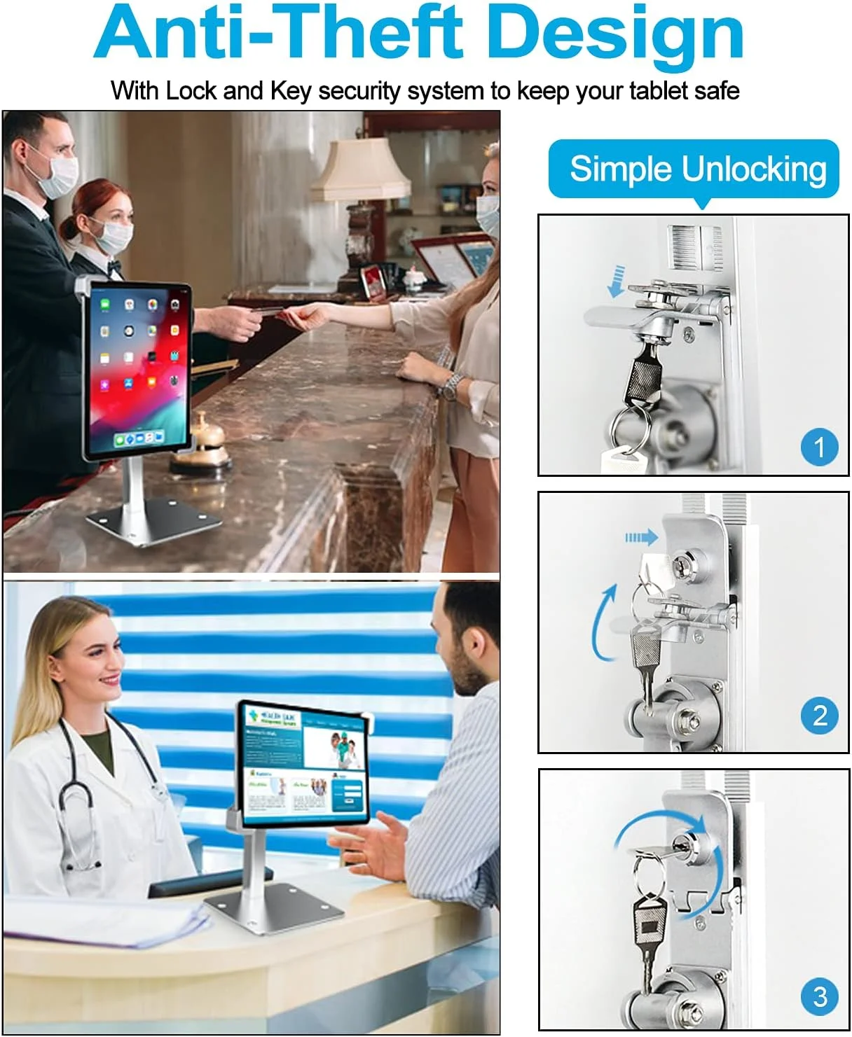 پایه رومیزی تبلت ضد سرقت وولیی، پایه نگهدارنده تبلت سنگین وزن برای پیشخوان، پایه نمایش تبلت POS با قفل و کلید امنیتی، سازگار با آیپد پرو/ایر/مینی، تبلت های گلکسی و سایر تبلت های 7-11 اینچی