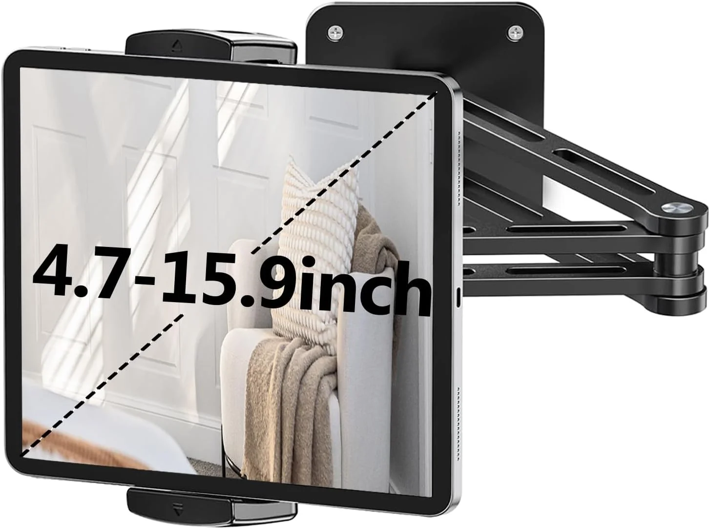 پایه دیواری آیپد، نگهدارنده دیواری تبلت آلومینیومی قابل افزایش طول با پایه چرخان 360 درجه قابل تنظیم و تاشو برای آیپد پرو ایر مینی، گلکسی تب/کیندل، همه تلفن ها و تبلت های 4.7-13 اینچی