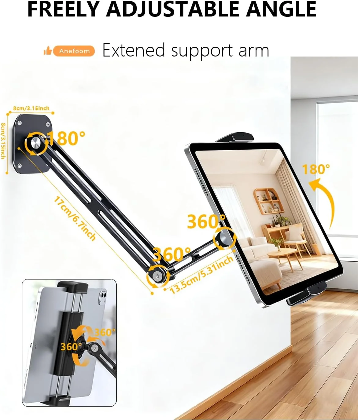 پایه دیواری آیپد، نگهدارنده دیواری تبلت آلومینیومی قابل افزایش طول با پایه چرخان 360 درجه قابل تنظیم و تاشو برای آیپد پرو ایر مینی، گلکسی تب/کیندل، همه تلفن ها و تبلت های 4.7-13 اینچی