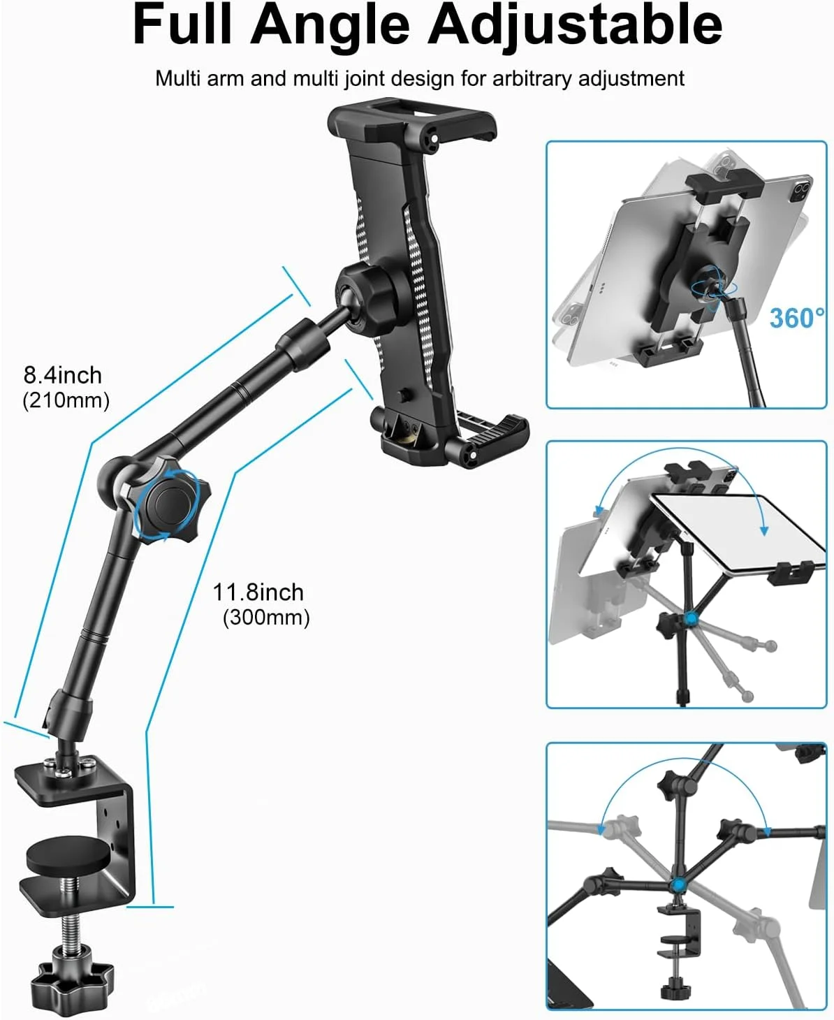 پایه نگهدارنده تبلت آلومینیومی برای میز - پایه تبلت [کوچک قابل حمل] برای آشپزخانه، گیره تخت با عمق 1.26 اینچ، گیره بزرگ برای آیپد پرو 13 ایر مینی، گلکسی، فایر، سوییچ، آیفون، دستگاه های 6-15.6 اینچی