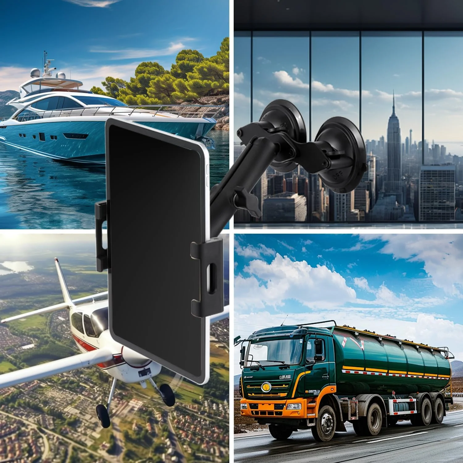 پایه نگهدارنده تبلت آلومینیومی با پایه دوگانه مکنده برای شیشه کامیون/خودرو/قایق، پایه تبلت مناسب برای آیپد ایر ۱۳ اینچ، آیپد پرو ۱۲.۹ اینچ و سایر تبلت های ۴.۷-۱۵ اینچی، نصب روی پنجره آینه حمام