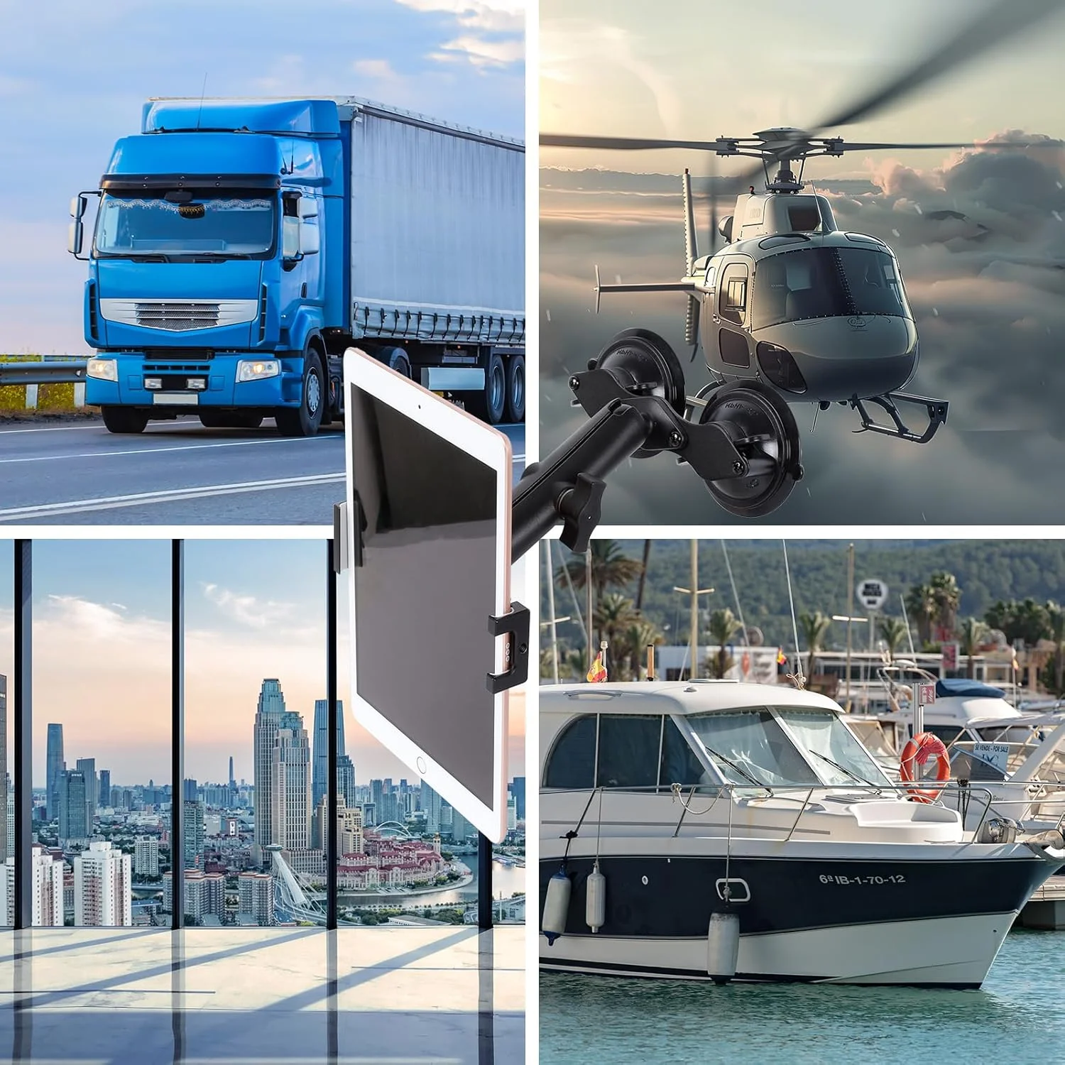 نگهدارنده تبلت آلومینیومی با پایه دوگانه مکنده برای شیشه اتومبیل/قایق، پایه تبلت مناسب برای آیپد ایر ۱۳ اینچی M2 (۲۰۲۴)، آیپد پرو ۱۲.۹ اینچی و سایر تبلت های ۴.۷-۱۵ اینچی، قابل نصب روی پنجره یا آینه حمام