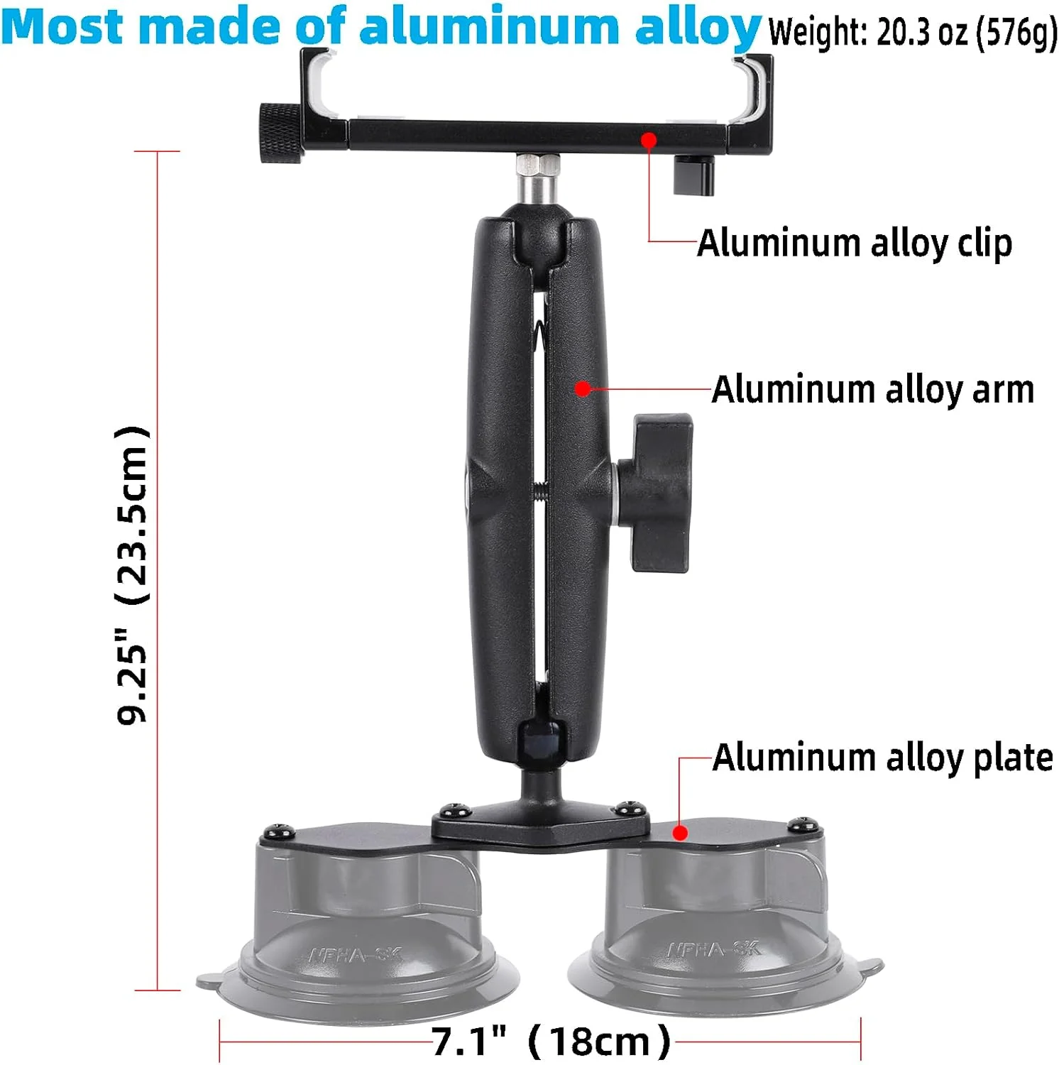 نگهدارنده تبلت آلومینیومی با پایه دوگانه مکنده برای شیشه اتومبیل/قایق، پایه تبلت مناسب برای آیپد ایر ۱۳ اینچی M2 (۲۰۲۴)، آیپد پرو ۱۲.۹ اینچی و سایر تبلت های ۴.۷-۱۵ اینچی، قابل نصب روی پنجره یا آینه حمام