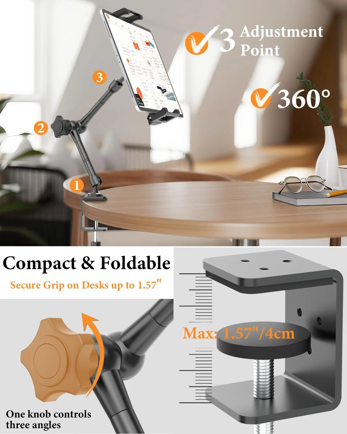 پایه نگهدارنده تبلت آلومینیومی برای میز، مناسب برای تبلت های با ضخامت زیاد، گیره قابل تنظیم آیپد برای دفتر کار، تماس ویدیویی، لوازم جانبی میز بازی، مناسب برای آیپد پرو ۱۳ / ایر / مینی، گلکسی تب، مانیتور قابل حمل ۵.۵ تا ۱۵.۶ اینچ