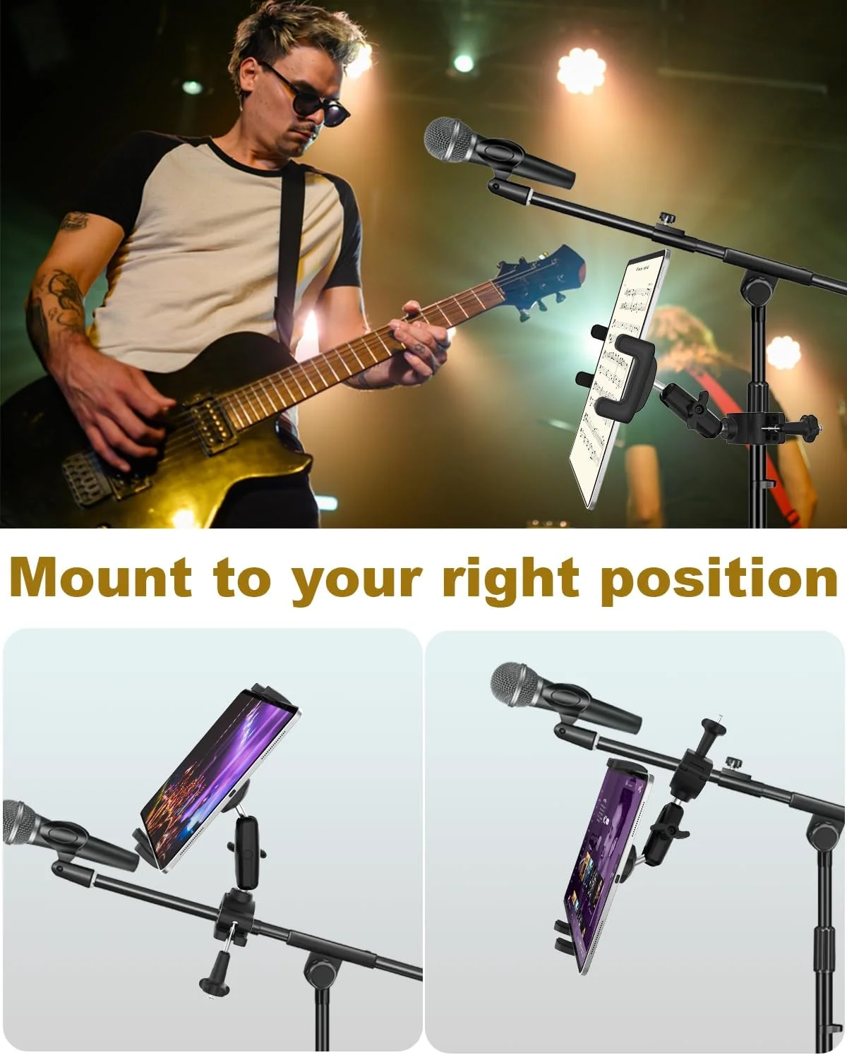 نگهدارنده تبلت آلومینیومی برای پایه میکروفون/پایه نگهدارنده موسیقی میکروفون [بدون لغزش] چرخش 360 درجه قابل تنظیم نگهدارنده آیپد آیفون برای میکروفون با گیره، مناسب برای تبلت ها و تلفن های هوشمند 4 تا 13 اینچی