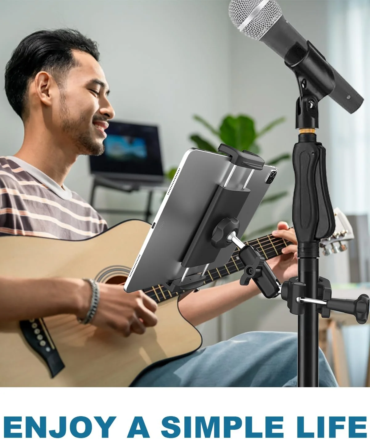 نگهدارنده تبلت آلومینیومی برای پایه میکروفون/پایه نگهدارنده موسیقی میکروفون [بدون لغزش] چرخش 360 درجه قابل تنظیم نگهدارنده آیپد آیفون برای میکروفون با گیره، مناسب برای تبلت ها و تلفن های هوشمند 4 تا 13 اینچی