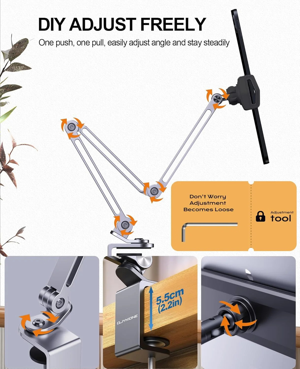 پایه تبلت آلیاژ آلومینیوم برای میز، بازوی آیپد با قابلیت تنظیم 360 درجه، نگهدارنده تاشو تلفن سازگار با آیپد پرو ایر 13/12.9/11 مینی، مانیتور قابل حمل 15.6، سامسونگ گلکسی، کیندل - خاکستری