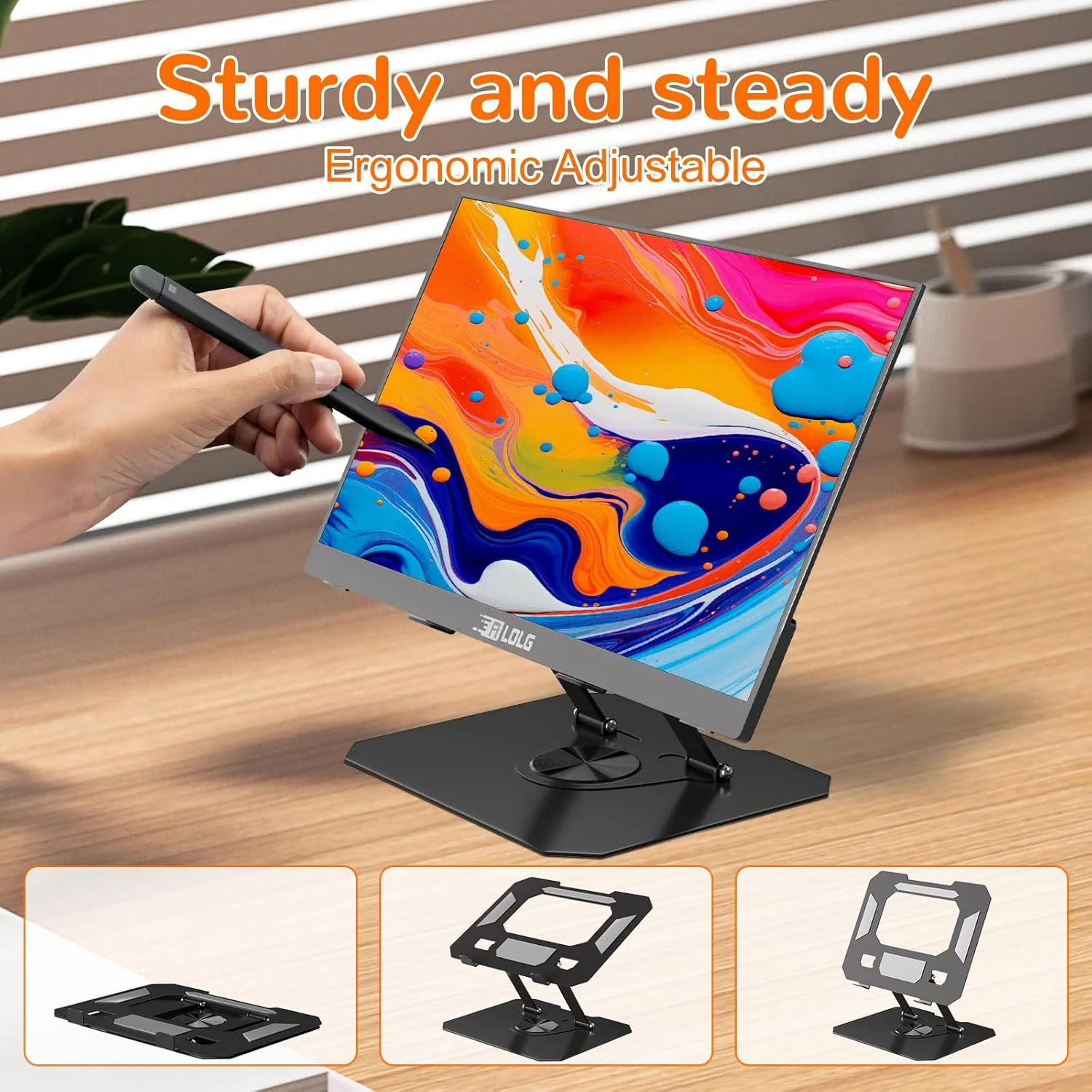 پایه تبلت تاشو ارگونومیک قابل تنظیم برای میز با پایه چرخان 360 درجه، سازگار با آیپد/آیفون مانیتور قابل حمل تا 15 اینچ برای میز کار، مشکی