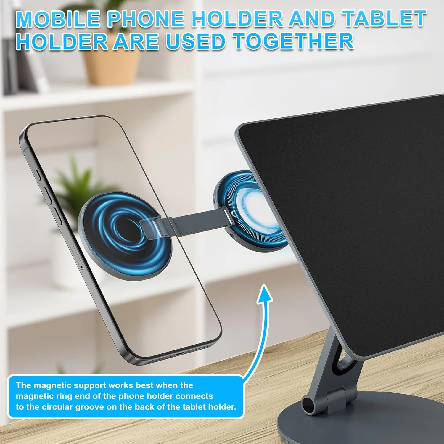 پایه شارژ بی‌سیم مغناطیسی 2 در 1 برای آیپد پرو 13 اینچ M4/M5 و نگهدارنده مغناطیسی گوشی برای آیفون 17-12، پایه تبلت آلومینیومی تاشو 180 درجه با قابلیت چرخش 360 درجه برای میز به همراه کابل USB 1 متری