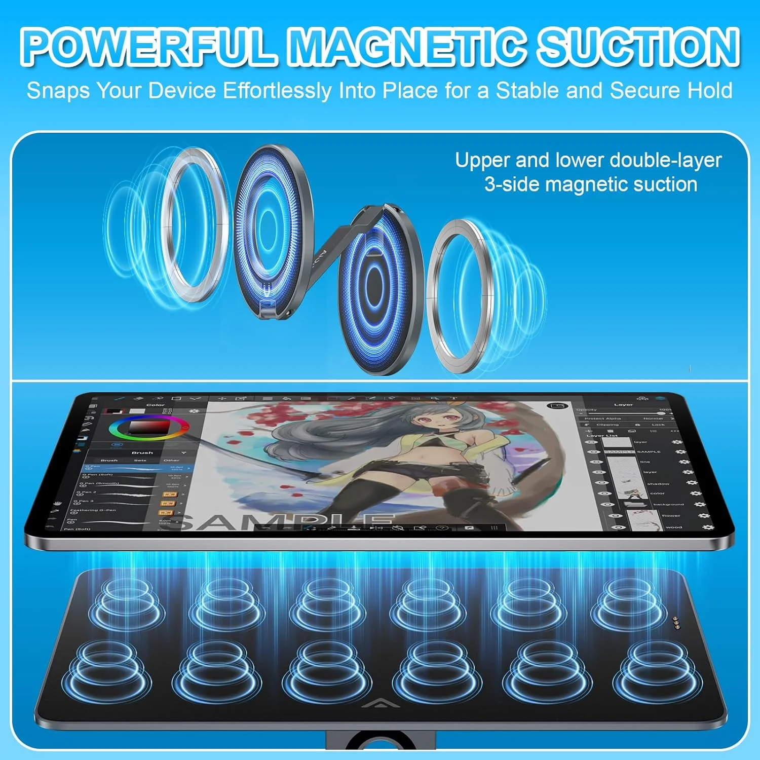 پایه شارژ بی‌سیم مغناطیسی 2 در 1 برای آیپد پرو 13 اینچ M4/M5 و نگهدارنده مغناطیسی گوشی برای آیفون 17-12، پایه تبلت آلومینیومی تاشو 180 درجه با قابلیت چرخش 360 درجه برای میز به همراه کابل USB 1 متری